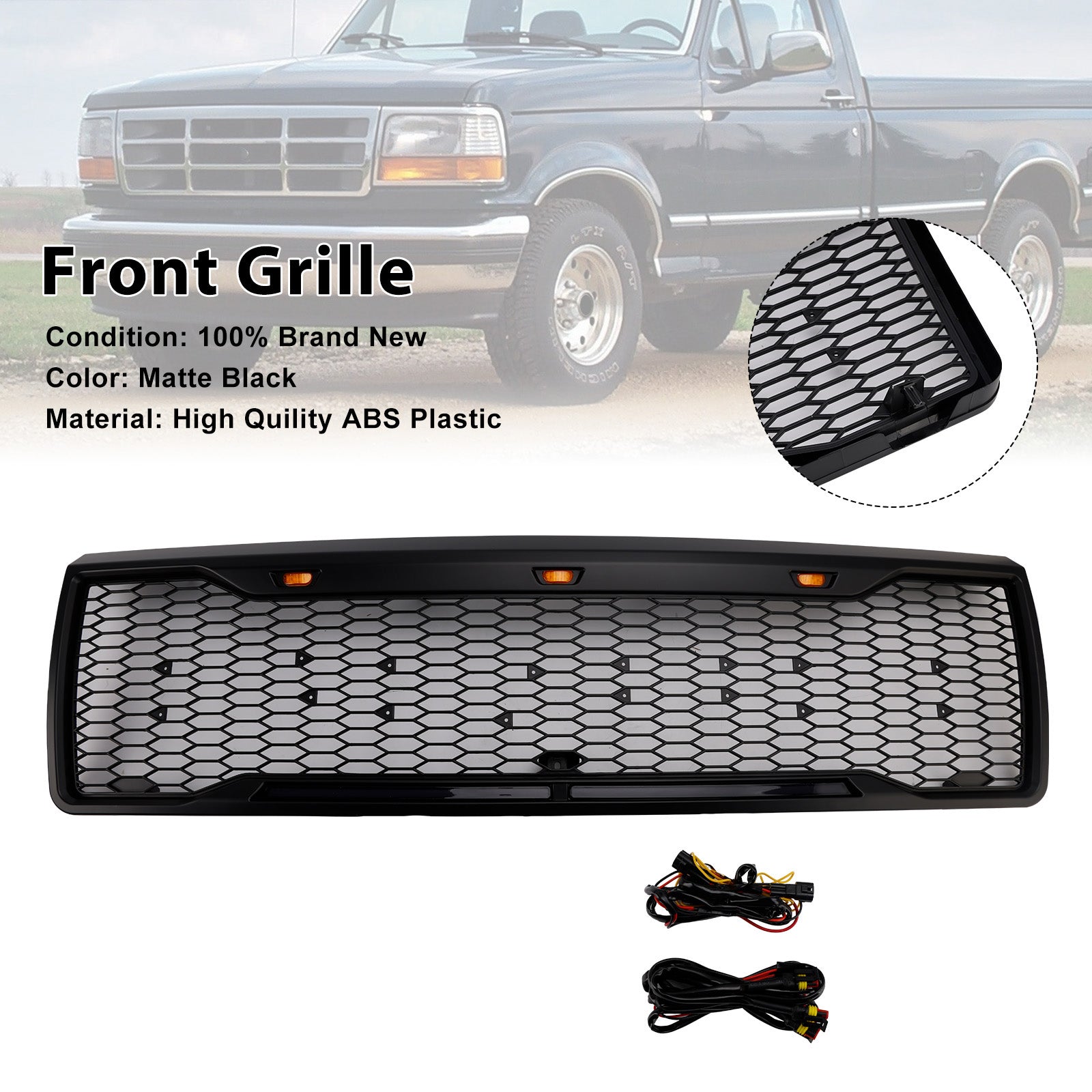 1992-1996 Ford F150 Matte Black Front Honeycomb Bumper Grill W/ Led