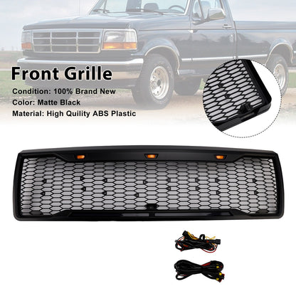 1992-1996 Ford F150 Matte Black Front Honeycomb Bumper Grill W/ Led