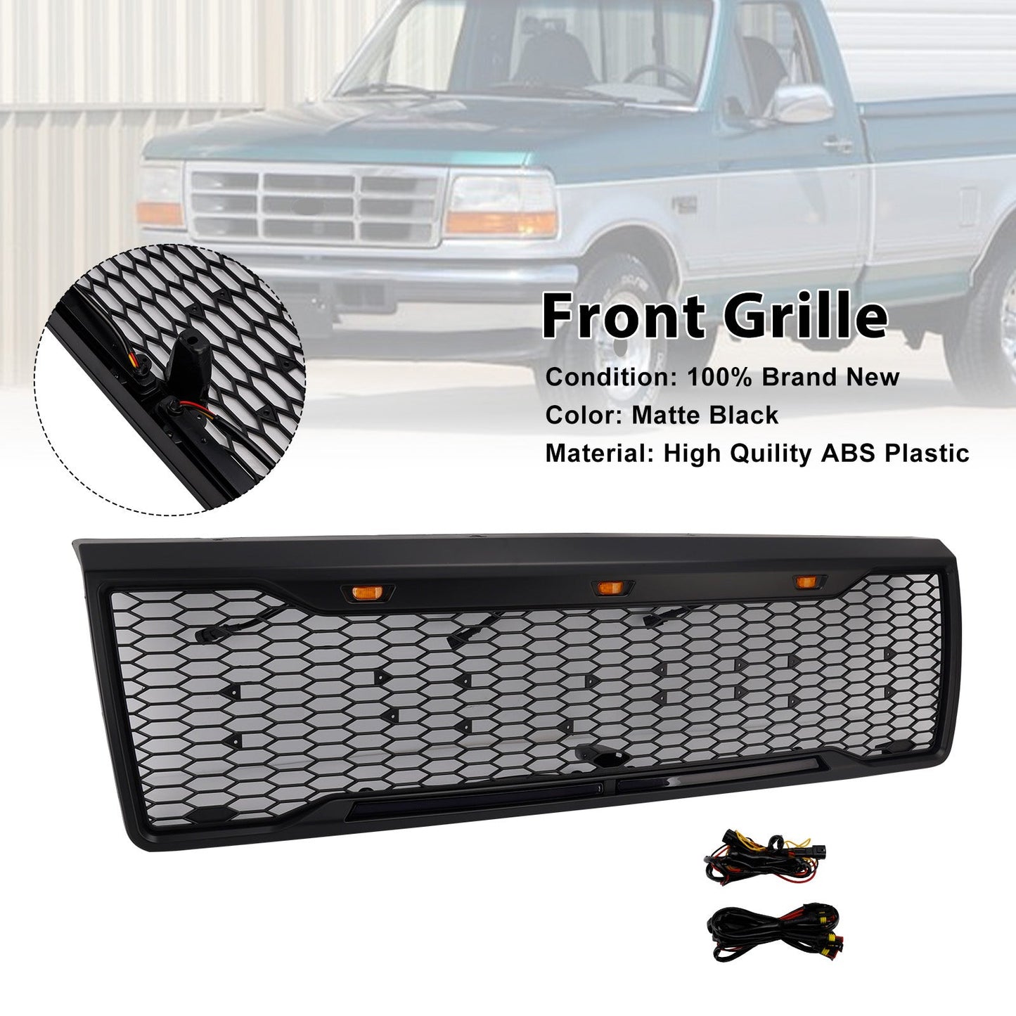 1992-1996 Ford F150 Matte Black Front Honeycomb Bumper Grill W/ Led