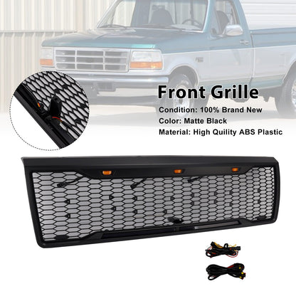 1992-1996 Ford F150 Matte Black Front Honeycomb Bumper Grill W/ Led