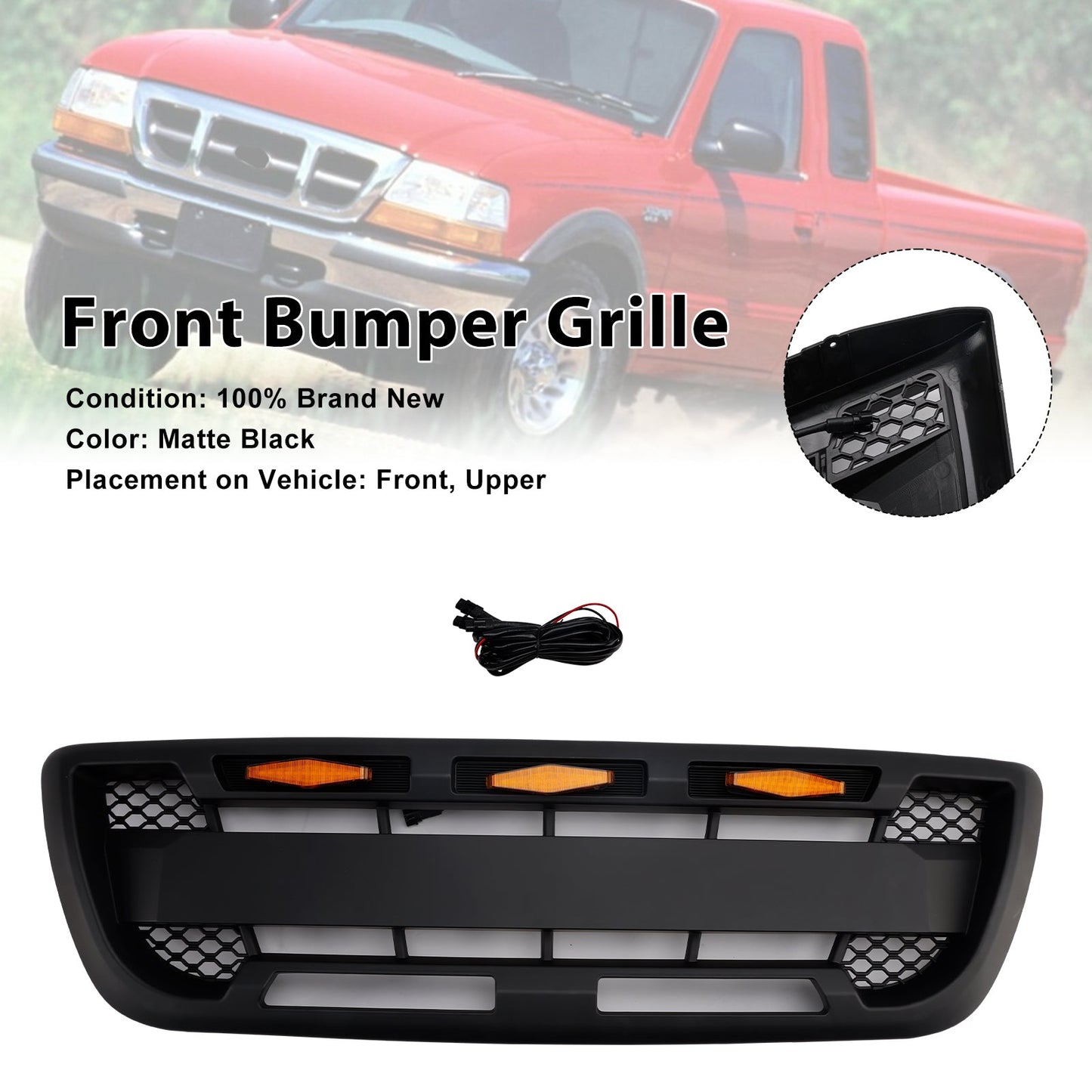 Ford Ranger 1998-2000 Matt Black Front Bumper Grill Grille With LED Light