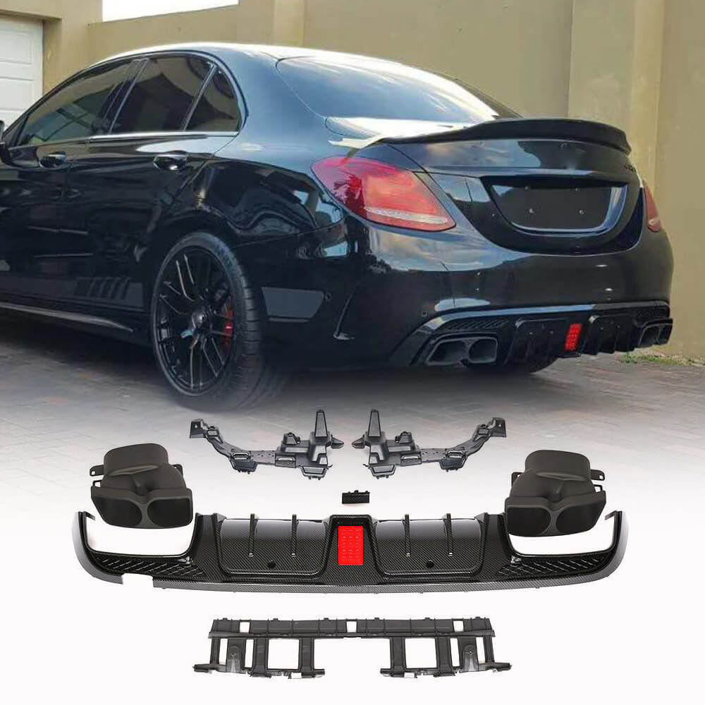 Mercedes Benz C Class W205 Sport C43 AMG Sedan 2014-2019 Carbon look PP Rear Bumper Diffuser with Exhaust Tips