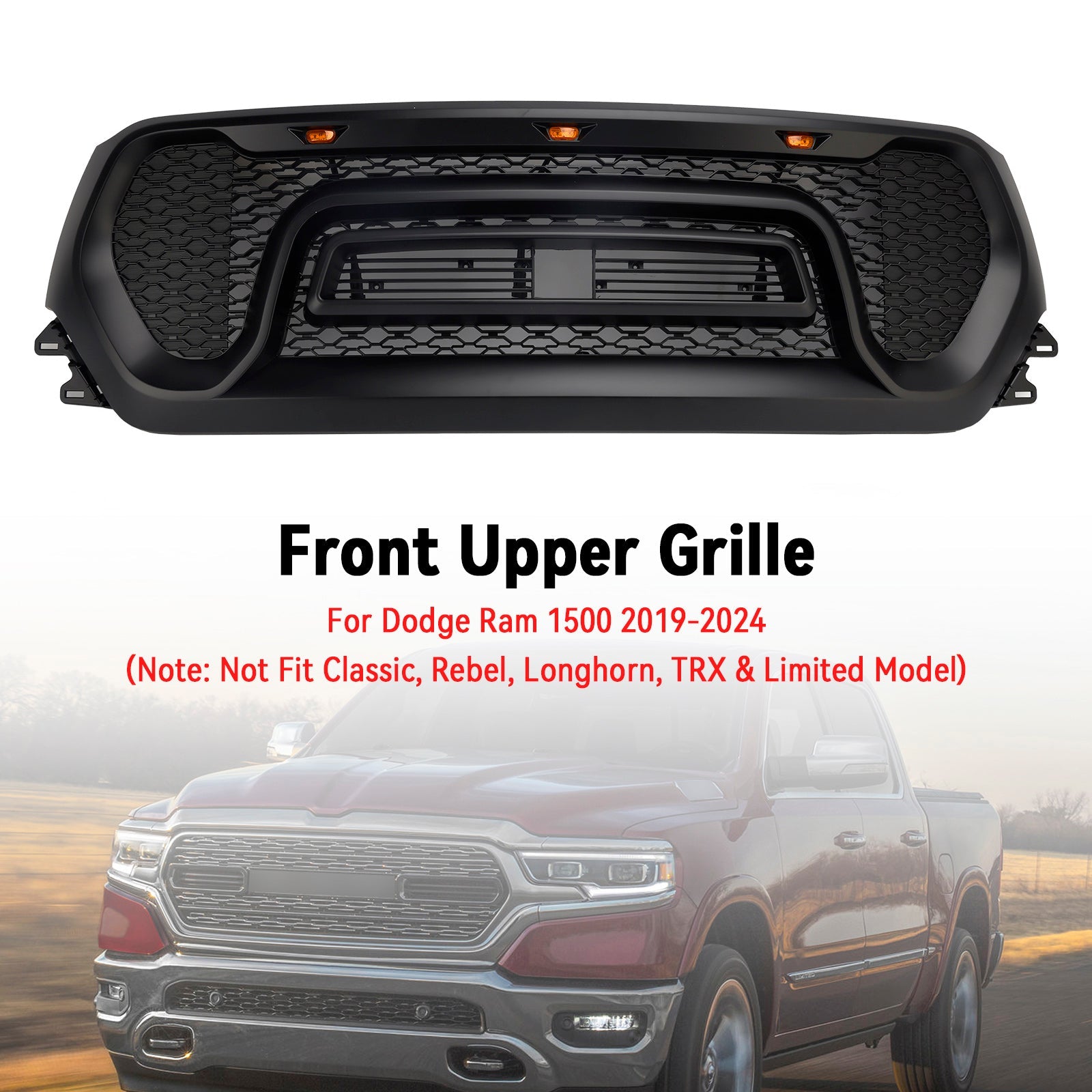 2019-2024 Dodge Ram 1500 Black Front Honeycomb Upper Hood Grille