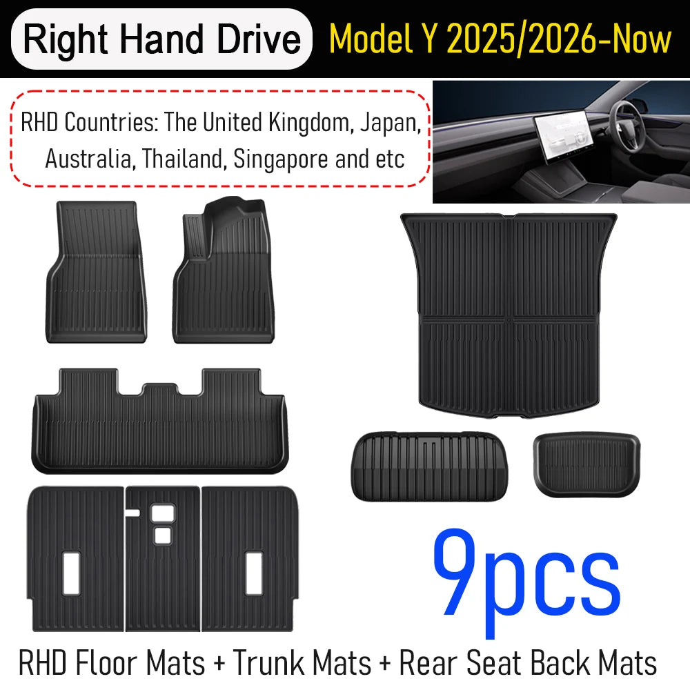 Custom TPE All-Weather Floor Mats for 2025-2026 Tesla Model Y Juniper with Cargo Liner & Kick Pads