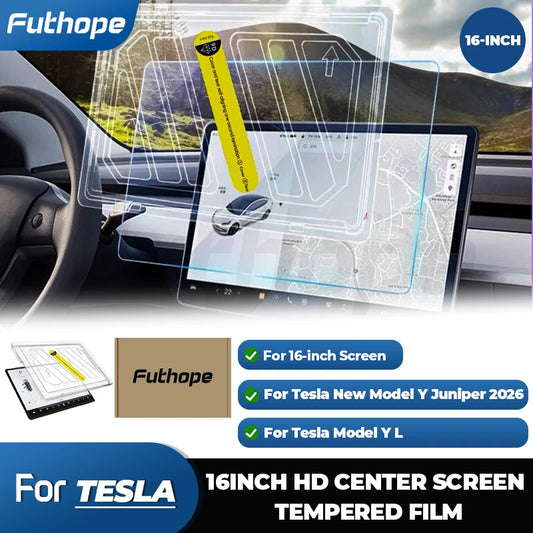 Futhope 16 Inch Tempered Glass Screen Protector For Tesla model Y YL 2026 Juniper HD Center Control Film Installation tool