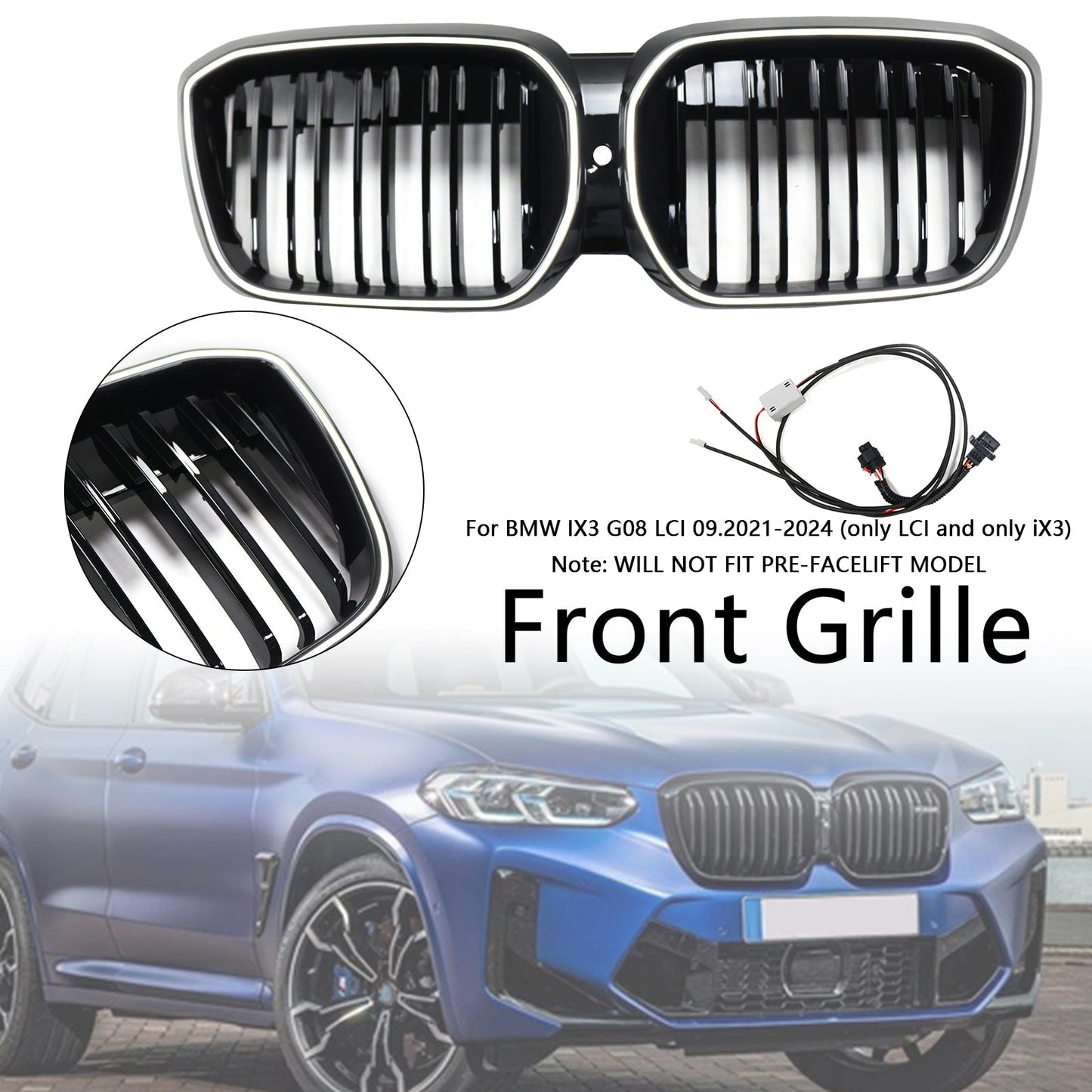 2022-2024 BMW iX3 G08 LCI Double Slat Black Front Kidney Grille