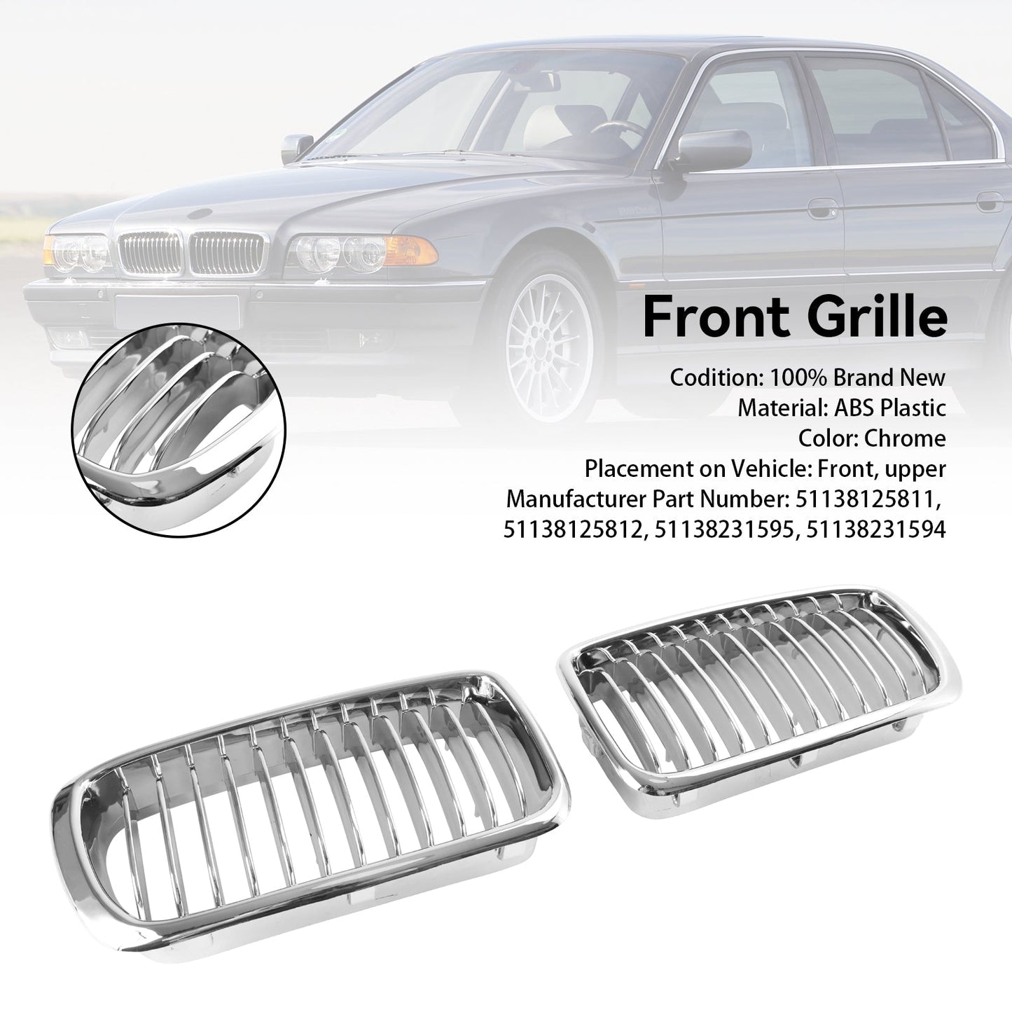 1994-2001 BMW 7 Series E38 Chrome Front Kidney Grille — Pair (51138125811 / 51138125812)