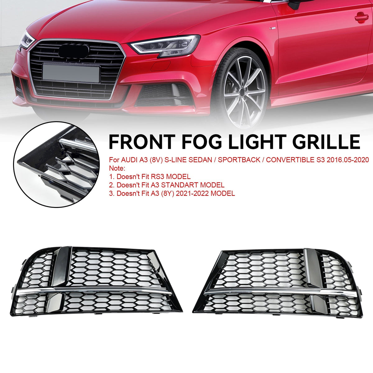 2017-2019 Audi A3 S-Line 8V Front Fog Light Cover Bezel Grill — Pair (8V3807681AE / 8V3807682Q)