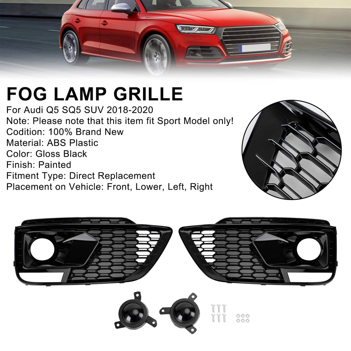 2018-2020 Audi Q5 SQ5 RSQ5 Style Black Front Honeycomb Fog Lamp Grille Cover