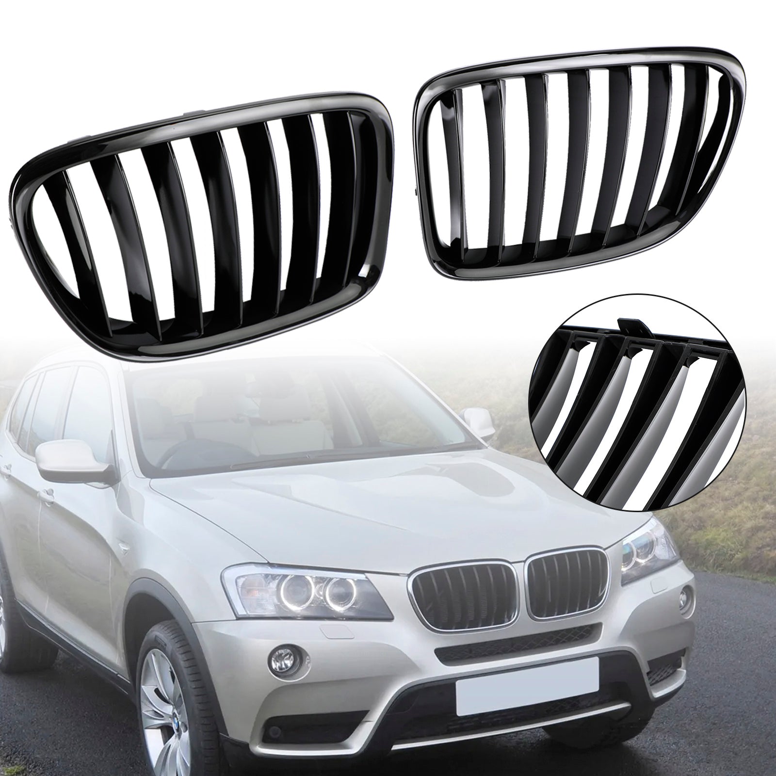 2009-2014 BMW X1 E84 Gloss Black Front Hood Kidney Grill (51112993305 / 51112993306 / 51112993307)