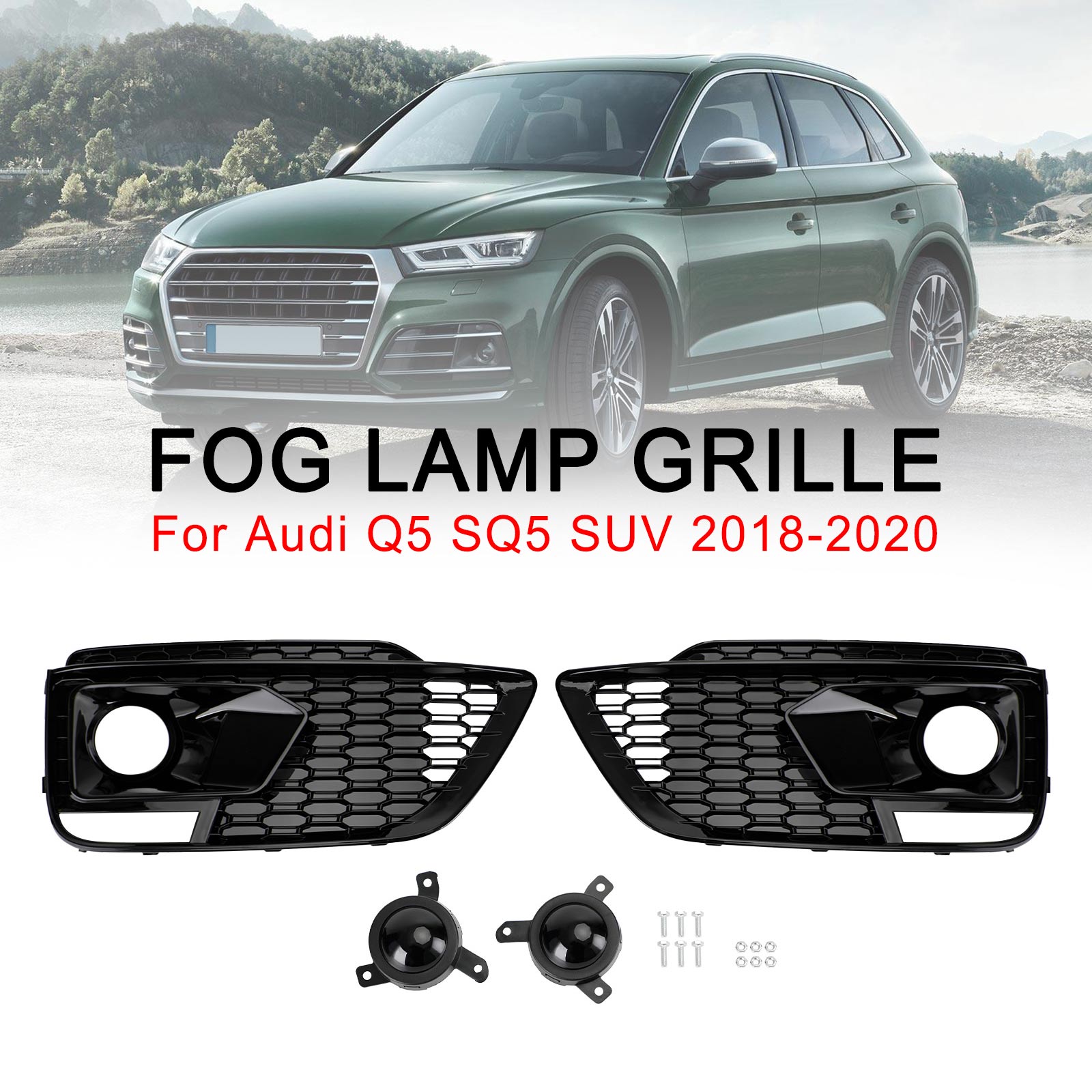 2018-2020 Audi Q5 SQ5 RSQ5 Style Black Front Honeycomb Fog Lamp Grille Cover