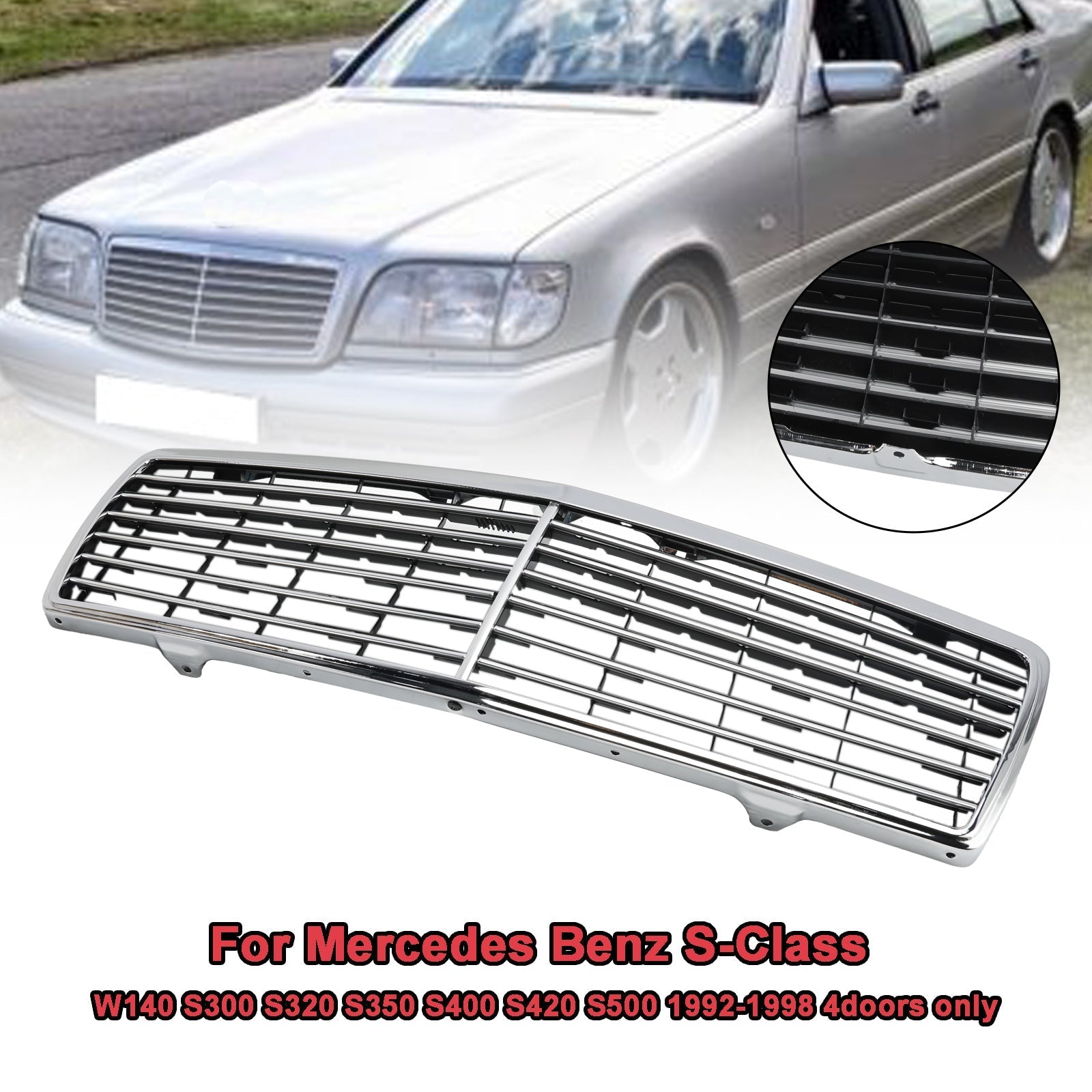 1992-1998 Mercedes-Benz S-Class W140 S300 S320 S350 S400 S420 S500 4-Door Chrome Front Bumper Grille