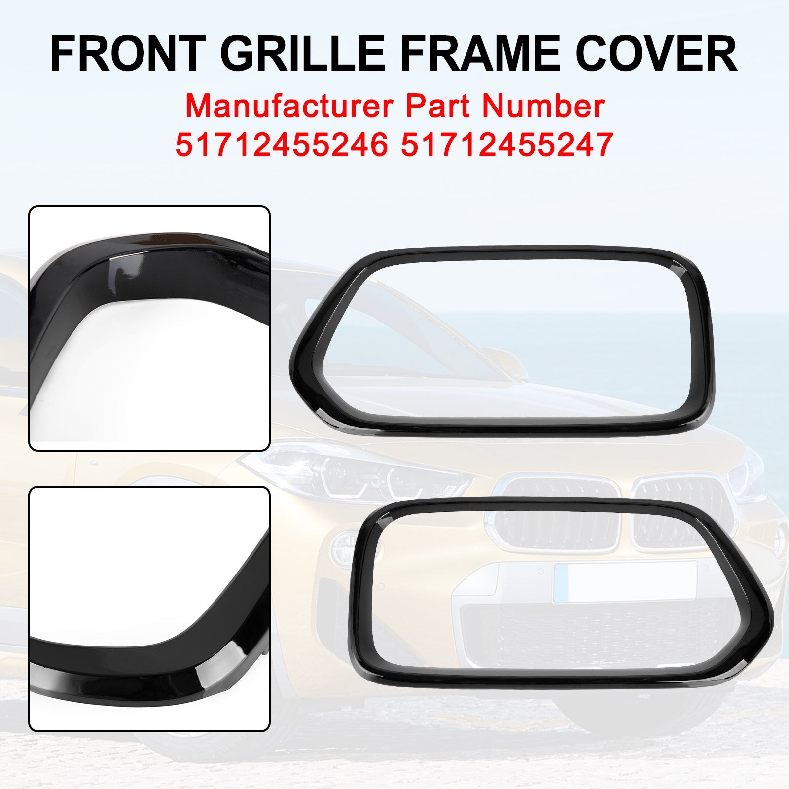 2018-2021 BMW X2 F39 Gloss Black Front Bumper Grill Frame Cover Trim