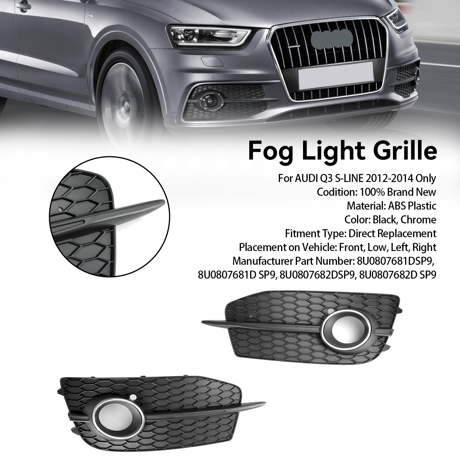 2012-2014 Audi Q3 S-Line Front Bumper Fog Light Grill — Pair (8U0807681DSP9)