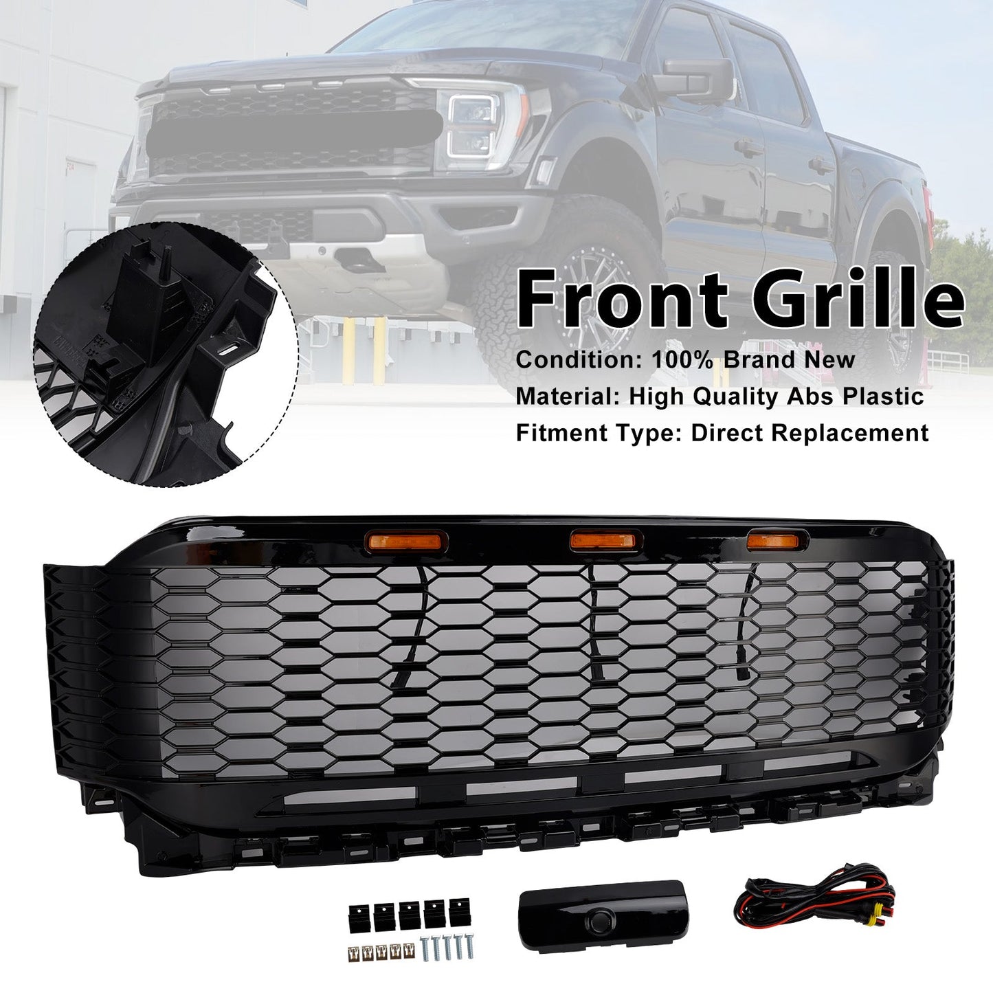 Replacement ABS Front Bumper Grille Grill Fit Ford F150 2021-2023 Raptor W/ LED