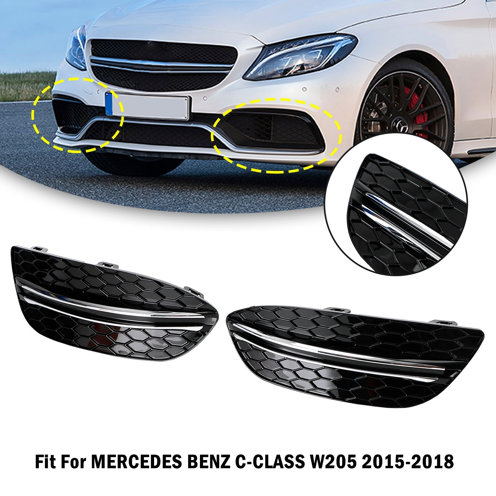 2015-2018 Mercedes-Benz C-Class W205 Honeycomb Front Fog Light Cover (2058850723 / MB1038172)