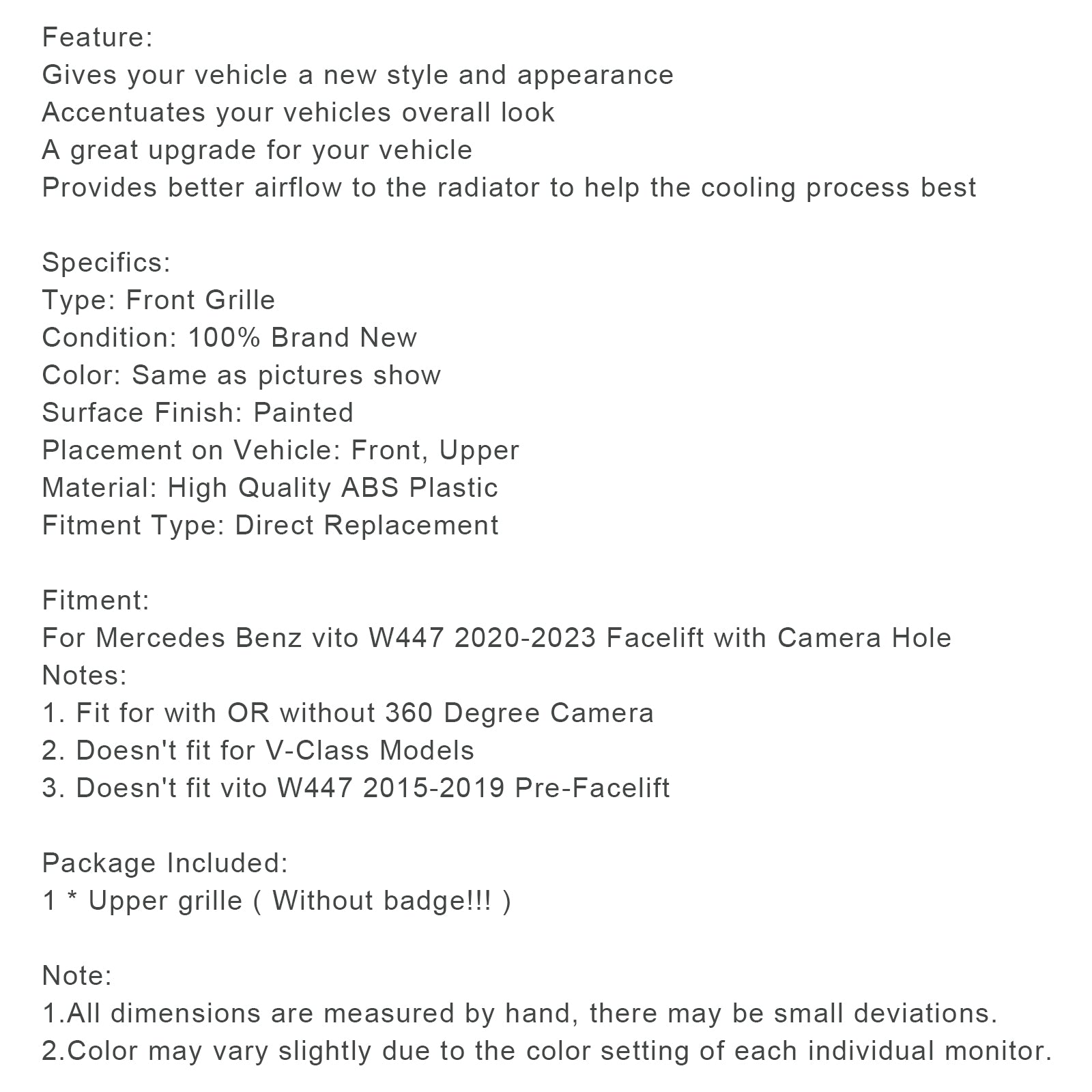 2020-2023 Mercedes-Benz Vito W447 Facelift Black Front Grille