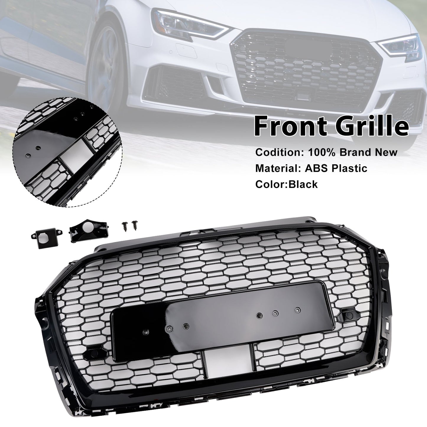 2017-2019 Audi A3 S3 RS3 Style Honeycomb Front Grille with ACC — Black