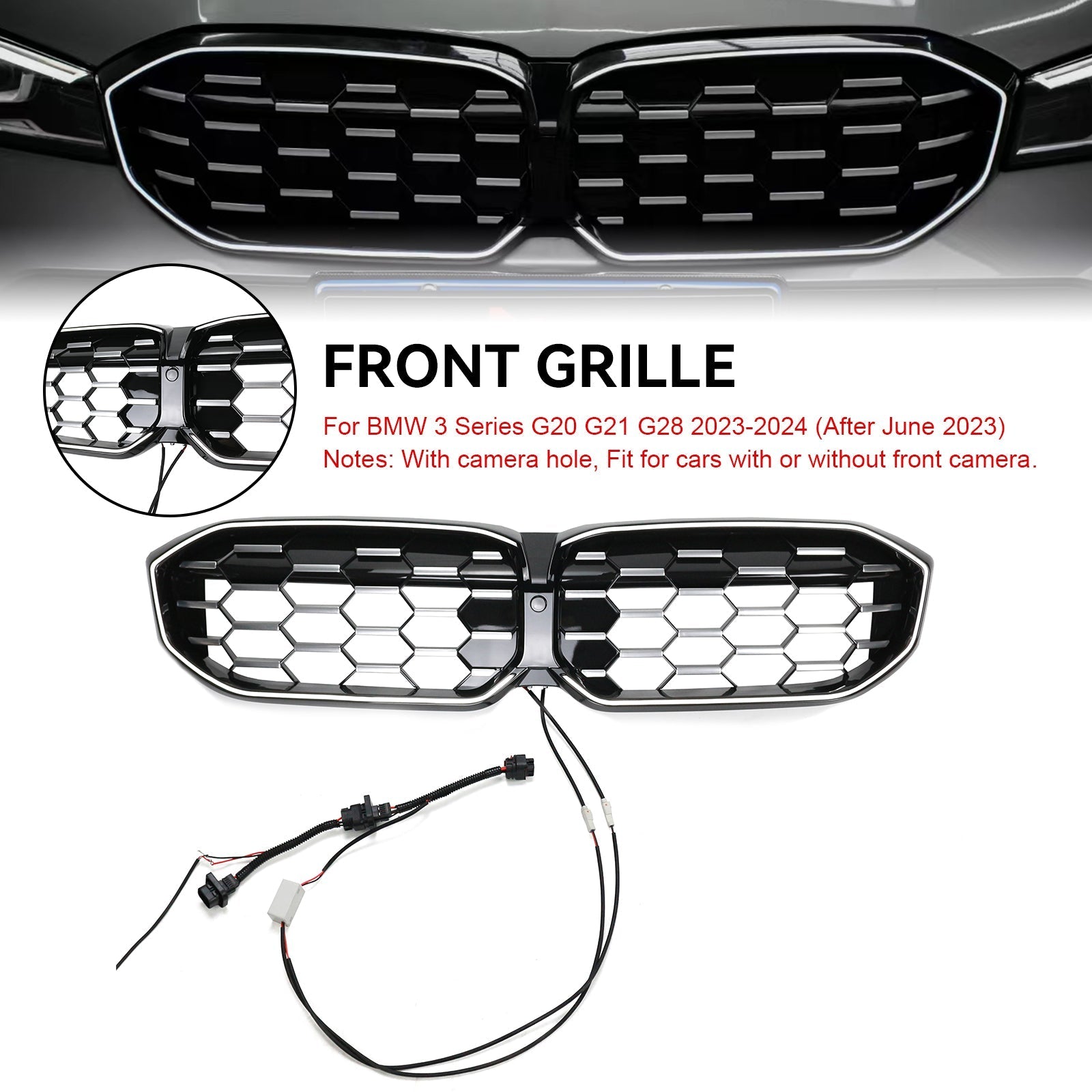 2023-2024 BMW 3 Series G20 G21 G28 Diamond Black Silver Front Kidney Grille Mesh
