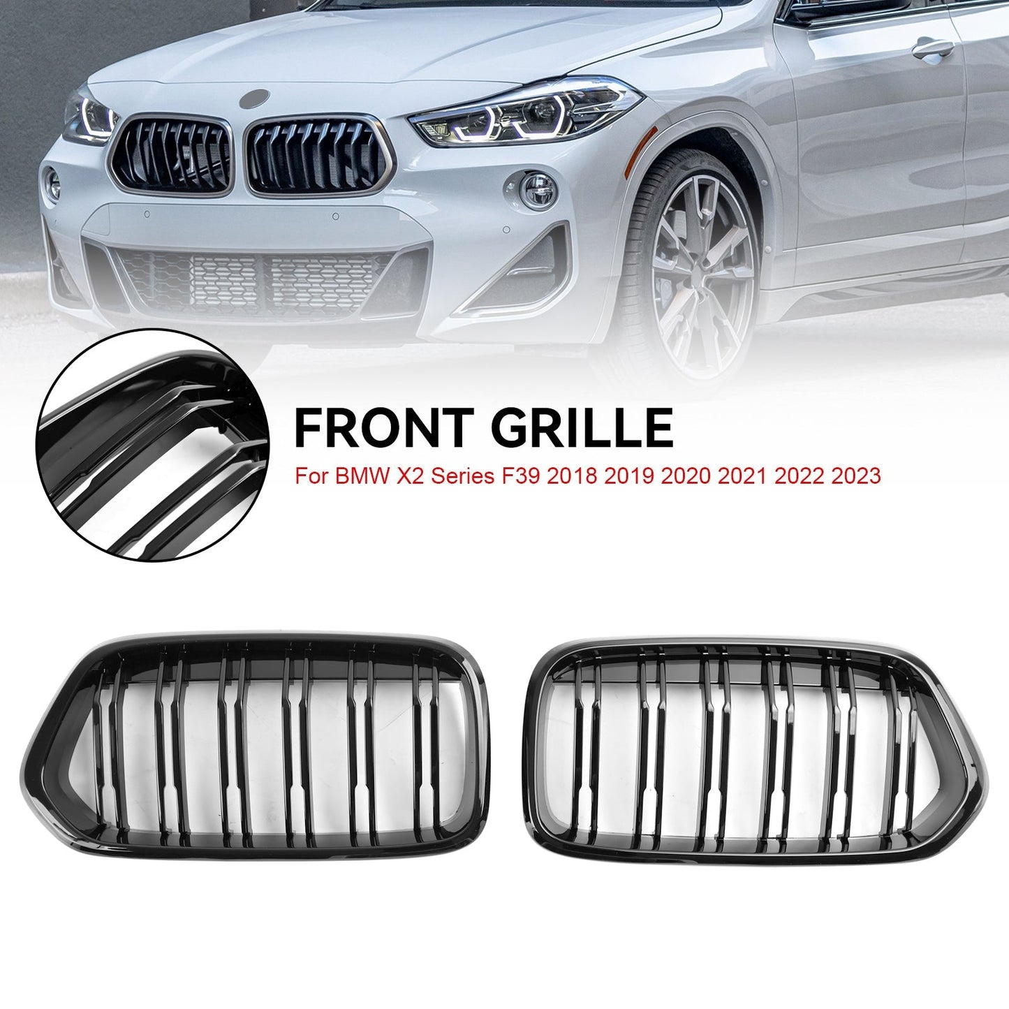 2018-2023 BMW X2 F39 Gloss Black Front Bumper Kidney Grille — Pair (51712455246 / 51712455247)