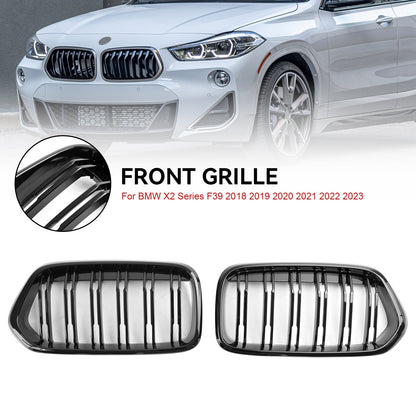 2018-2023 BMW X2 F39 Gloss Black Front Bumper Kidney Grille — Pair (51712455246 / 51712455247)