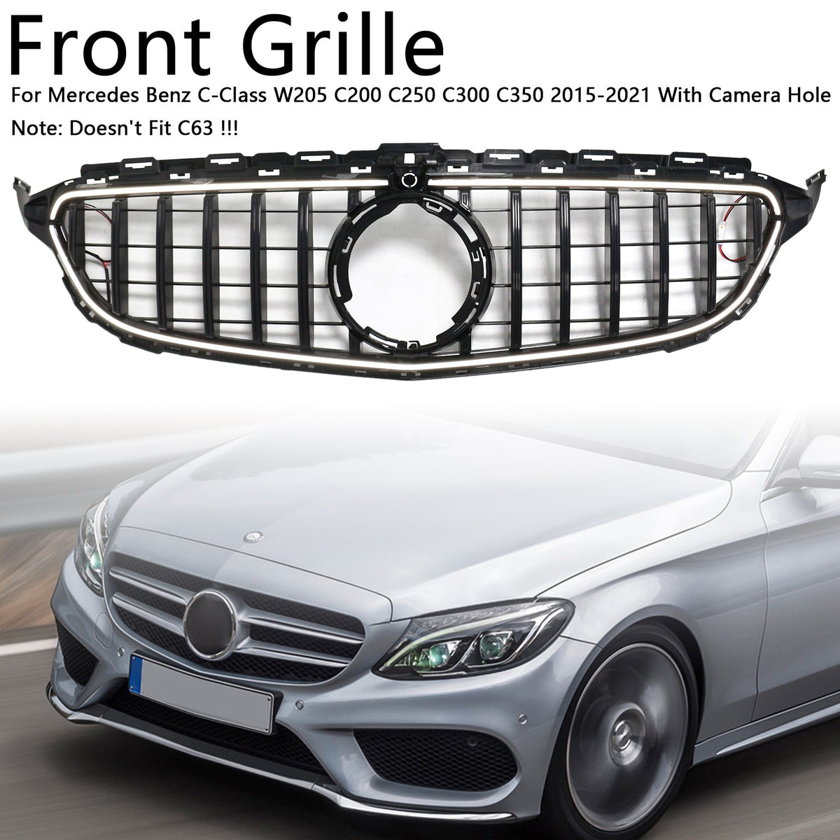 2015-2021 Mercedes-Benz C-Class W205 C200 C250 C300 C350 Black Front Bumper Grille with LED