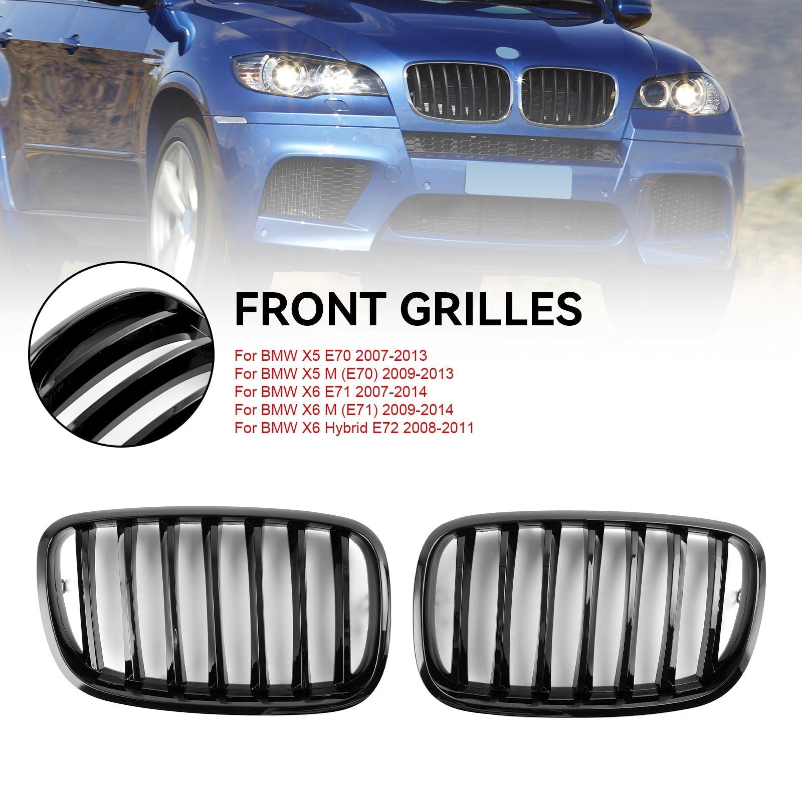 2007-2013 BMW X5 E70 Gloss Black Front Bumper Kidney Grille — Pair (51137157687 / 51137305589)