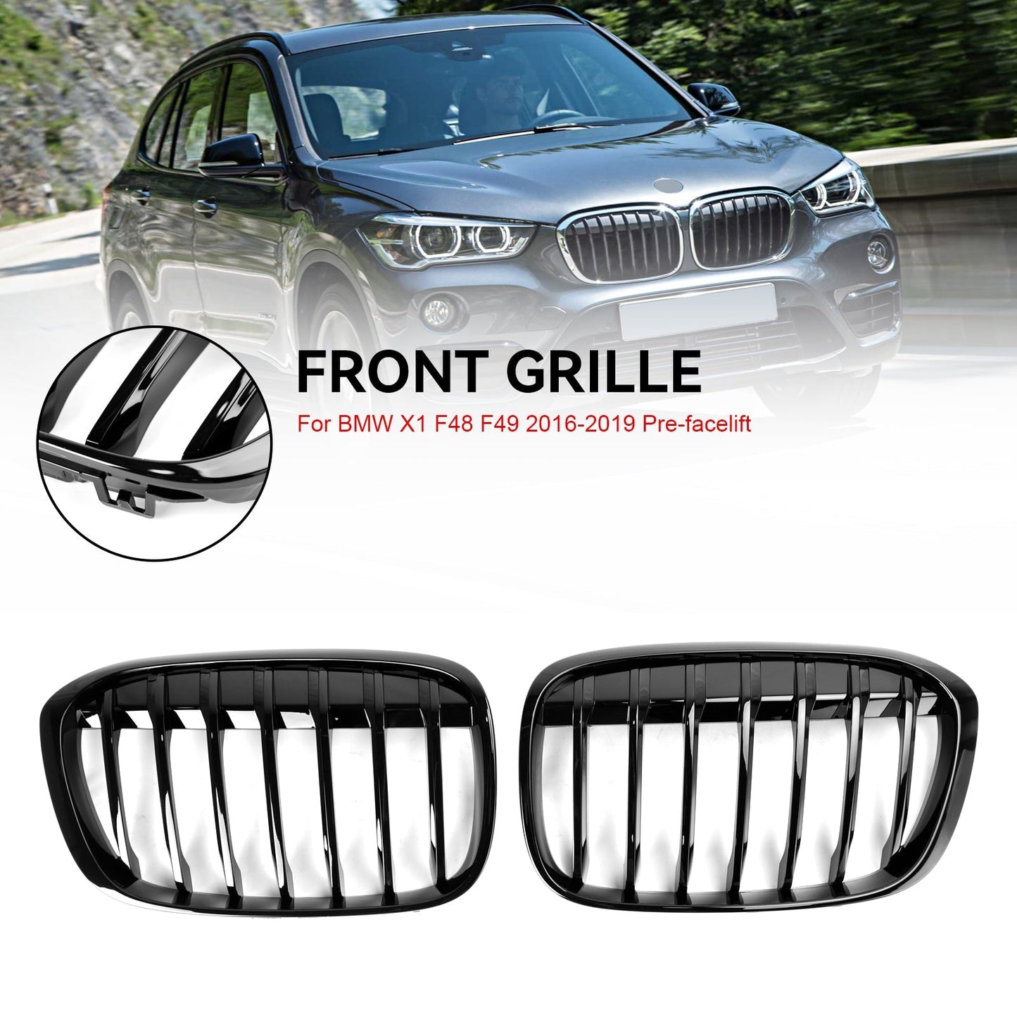 2016-2018 BMW X1 F48 F49 Gloss Black Front Kidney Grille — Pair