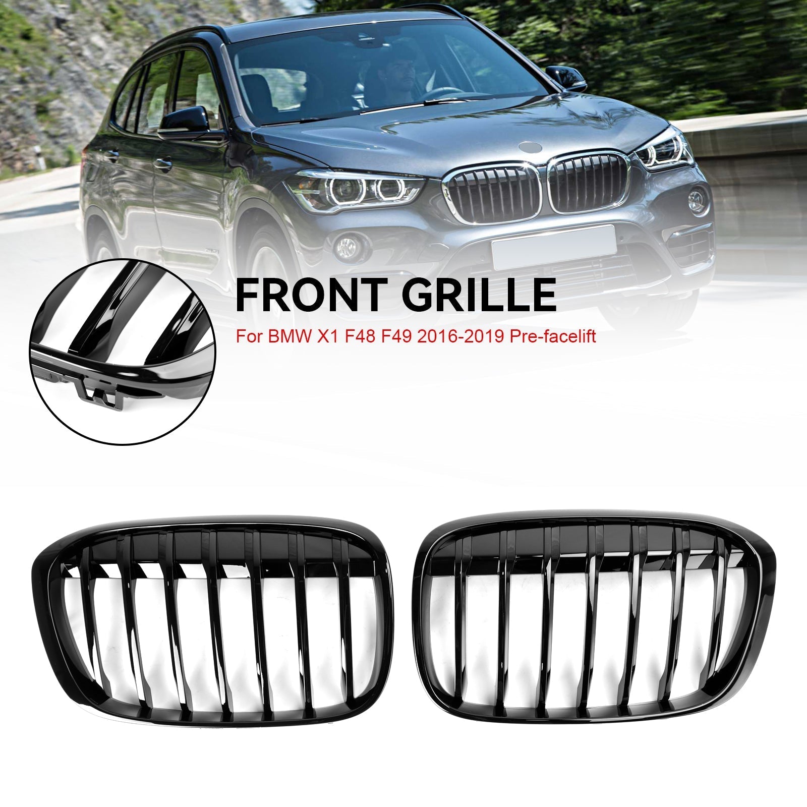 2016-2018 BMW X1 F48 F49 Gloss Black Front Kidney Grille — Pair