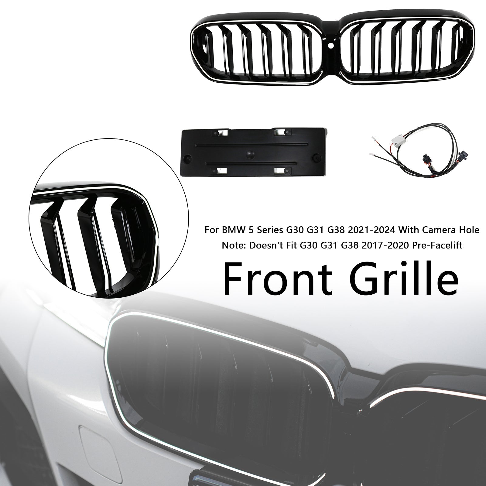 2021-2024 BMW 5 Series G30 G31 G38 Double Slat Gloss Black Front Kidney Grille