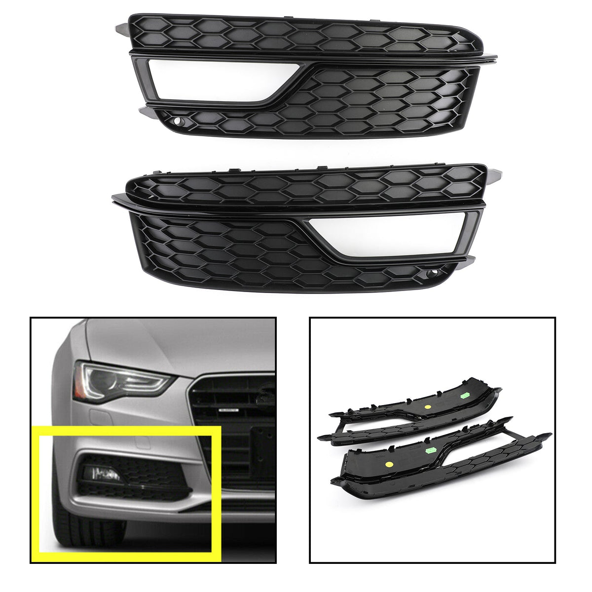 2013-2016 Audi A5 S-Line Black Front Fog Lamp Trim Grill — Pair (8T0807681K)