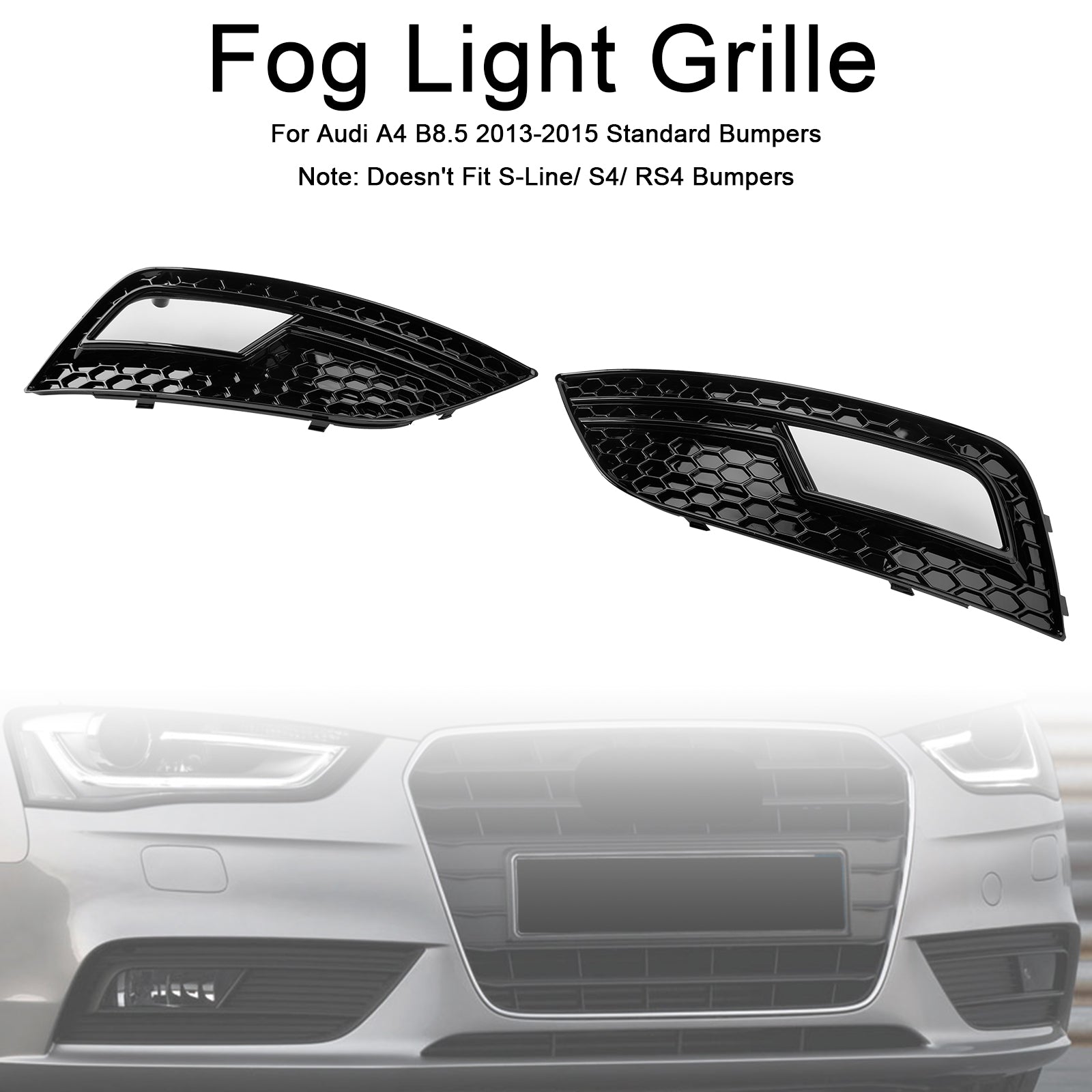 2013-2015 Audi A4 B8.5 Black Fog Light Cover Grille — Pair (8K0807681K / 8K0807682K)