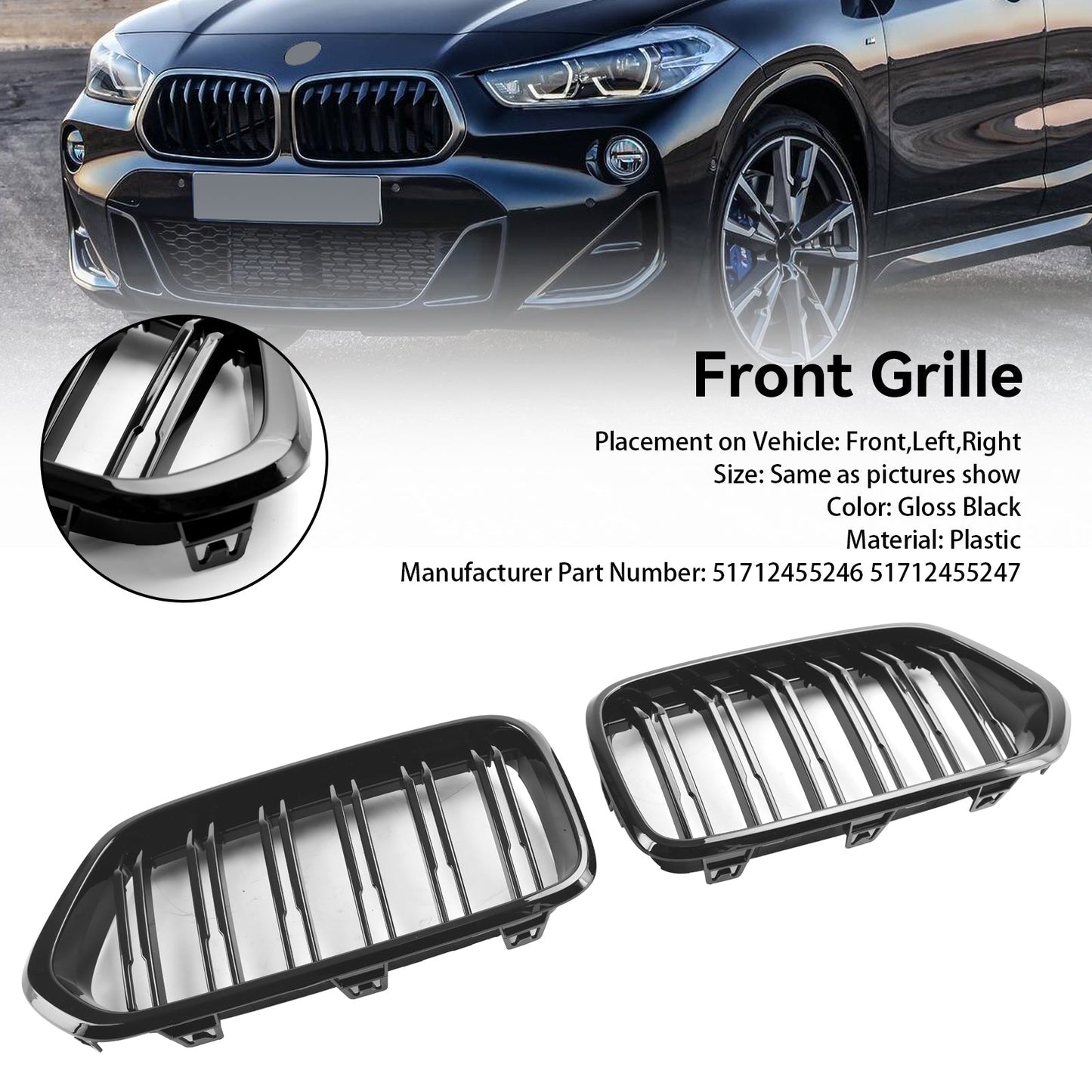 2018-2023 BMW X2 F39 Gloss Black Front Bumper Kidney Grille — Pair (51712455246 / 51712455247)