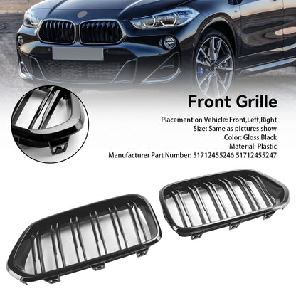2018-2023 BMW X2 F39 Gloss Black Front Bumper Kidney Grille — Pair (51712455246 / 51712455247)