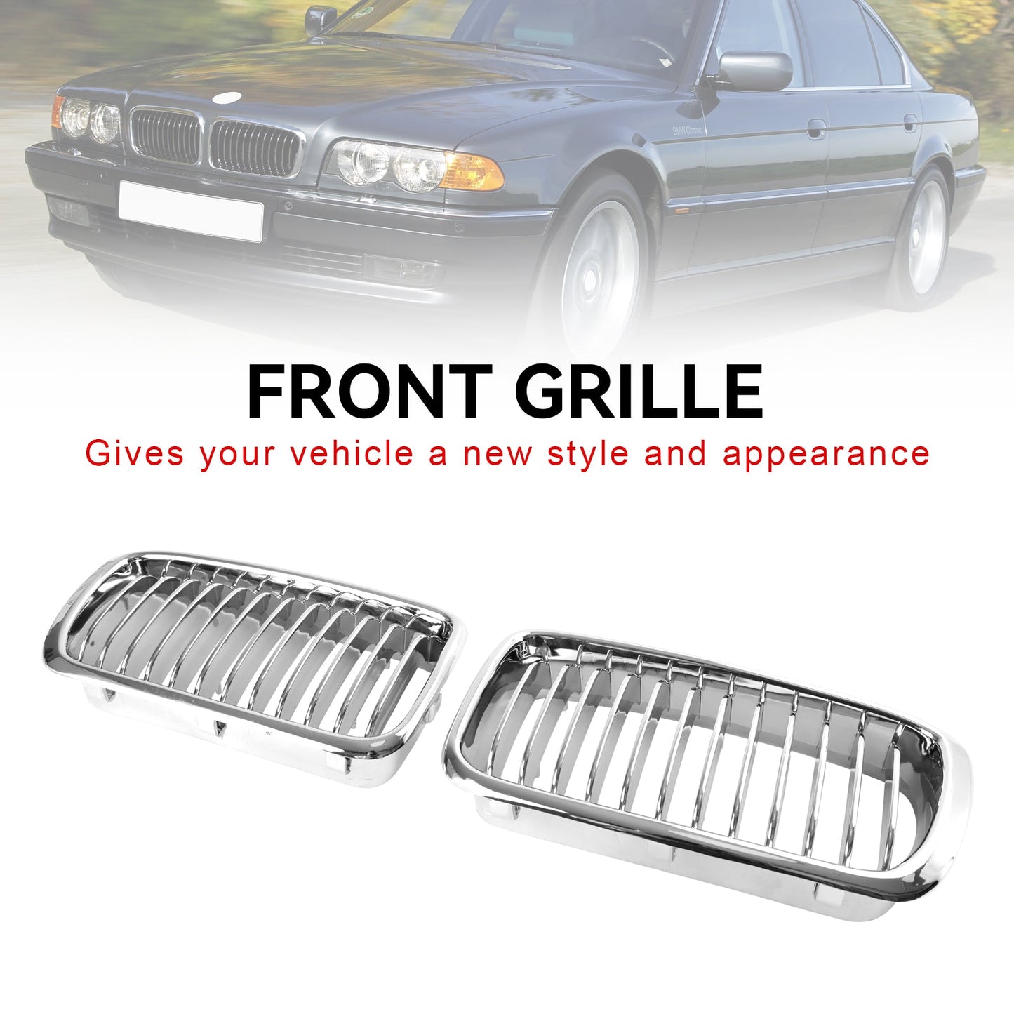 1994-2001 BMW 7 Series E38 Chrome Front Kidney Grille — Pair (51138125811 / 51138125812)