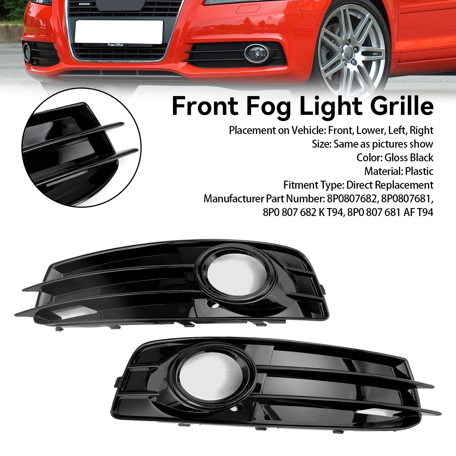2009-2012 Audi A3 8P S-Line Front Lower Bumper Grille Fog Light Cover — Pair (8P0807682 / 8P0807681)