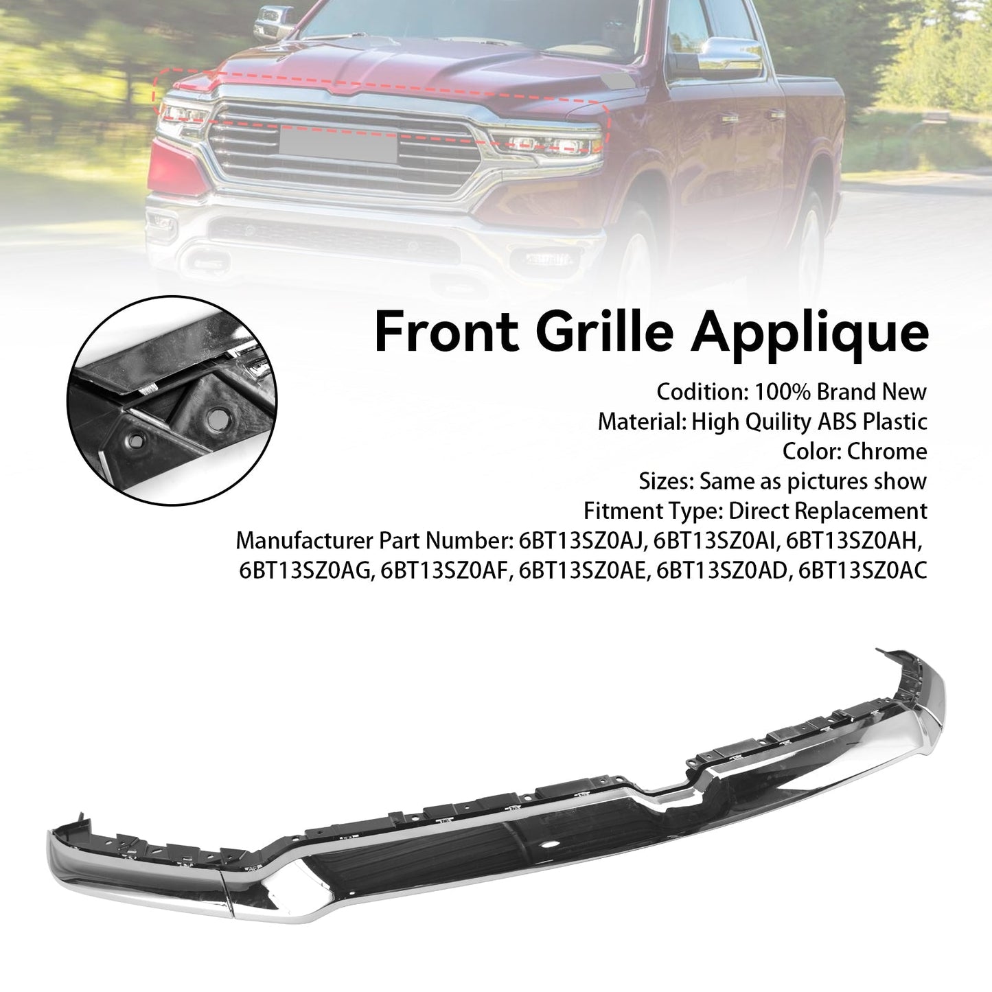 2019-2021 Dodge Ram 1500 Grille Applique Upper Trim (6BT13SZ0AJ / 6BT13SZ0AI)