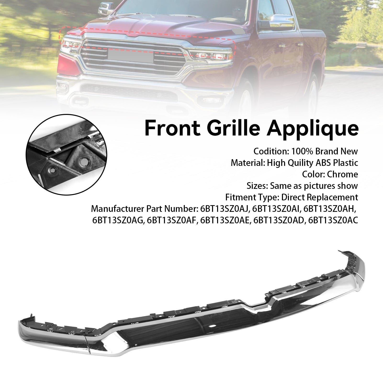 2019-2021 Dodge Ram 1500 Grille Applique Upper Trim (6BT13SZ0AJ / 6BT13SZ0AI)