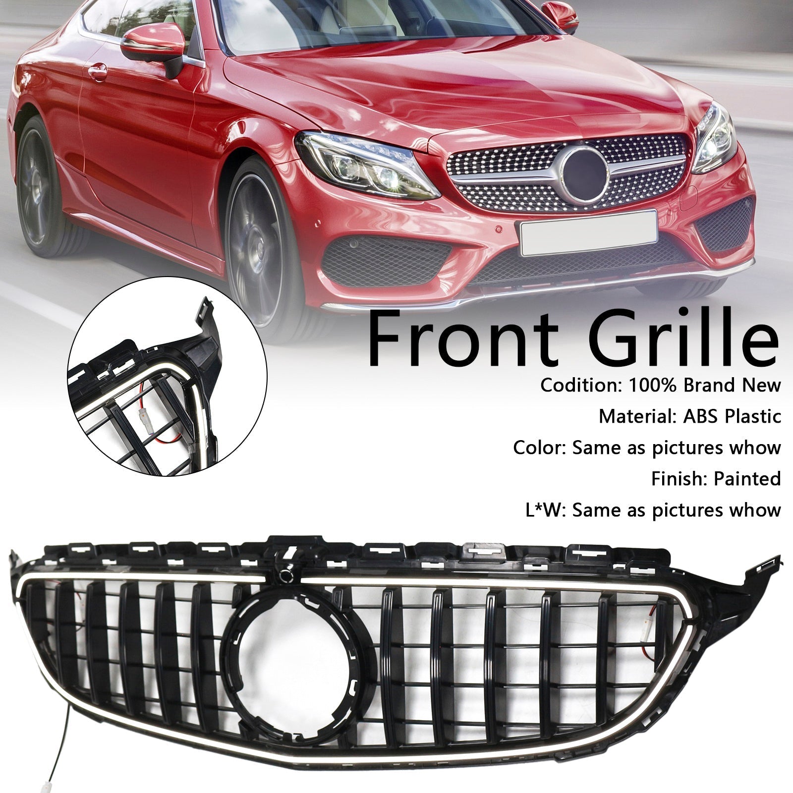 2015-2021 Mercedes-Benz C-Class W205 C200 C250 C300 C350 Black Front Bumper Grille with LED