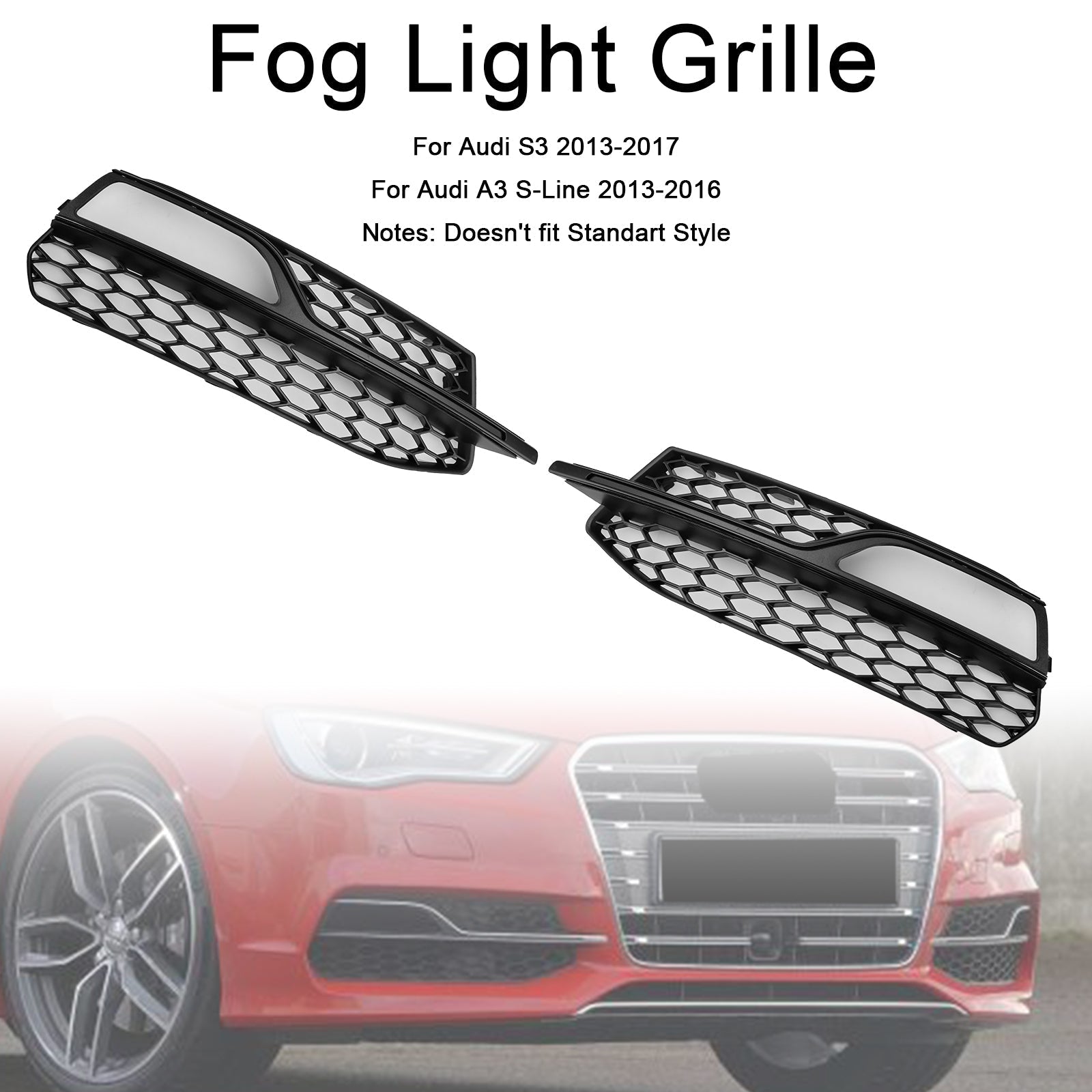2013-2016 Audi A3 S-Line Front Lower Bumper Fog Light Cover Grille — Pair (8V3807681G / 8V3807682G)