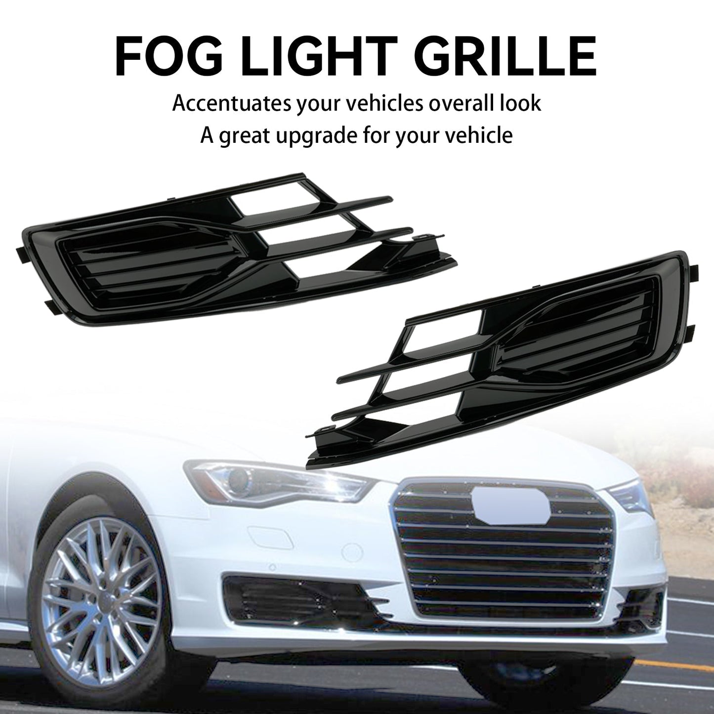 2014-2018 Audi A6 C7 Black Front Bumper Fog Light Cover Grille — Pair (4G0807647T94 / 4G0807648T94)