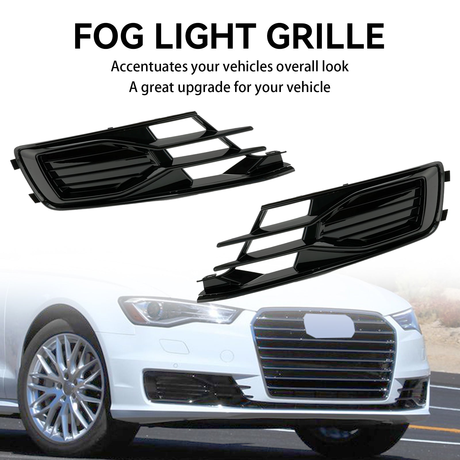 2014-2018 Audi A6 C7 Black Front Bumper Fog Light Cover Grille — Pair (4G0807647T94 / 4G0807648T94)