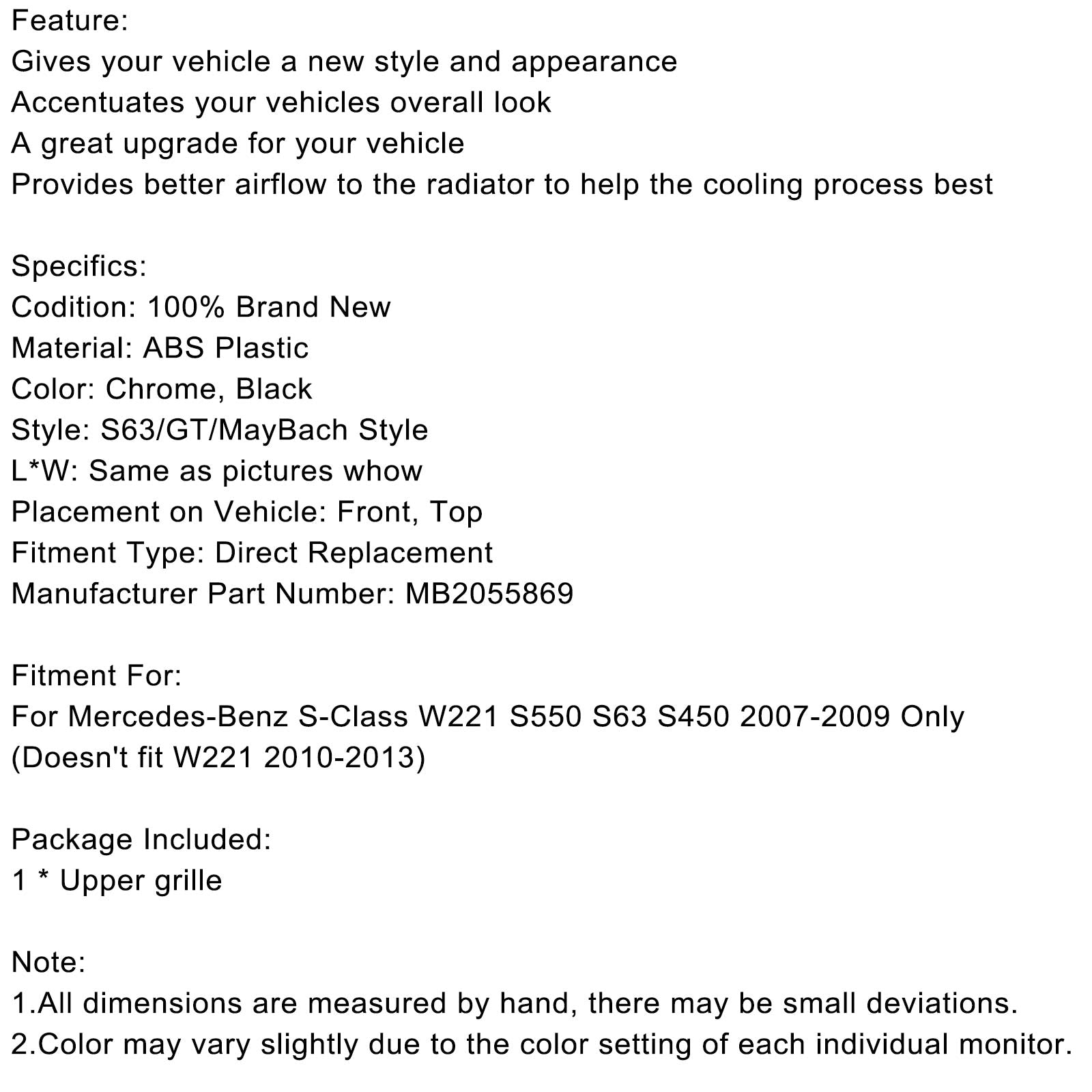 2007-2009 Mercedes-Benz S-Class W221 S450 S550 S63 Maybach Style Chrome Grille (MB2055869)