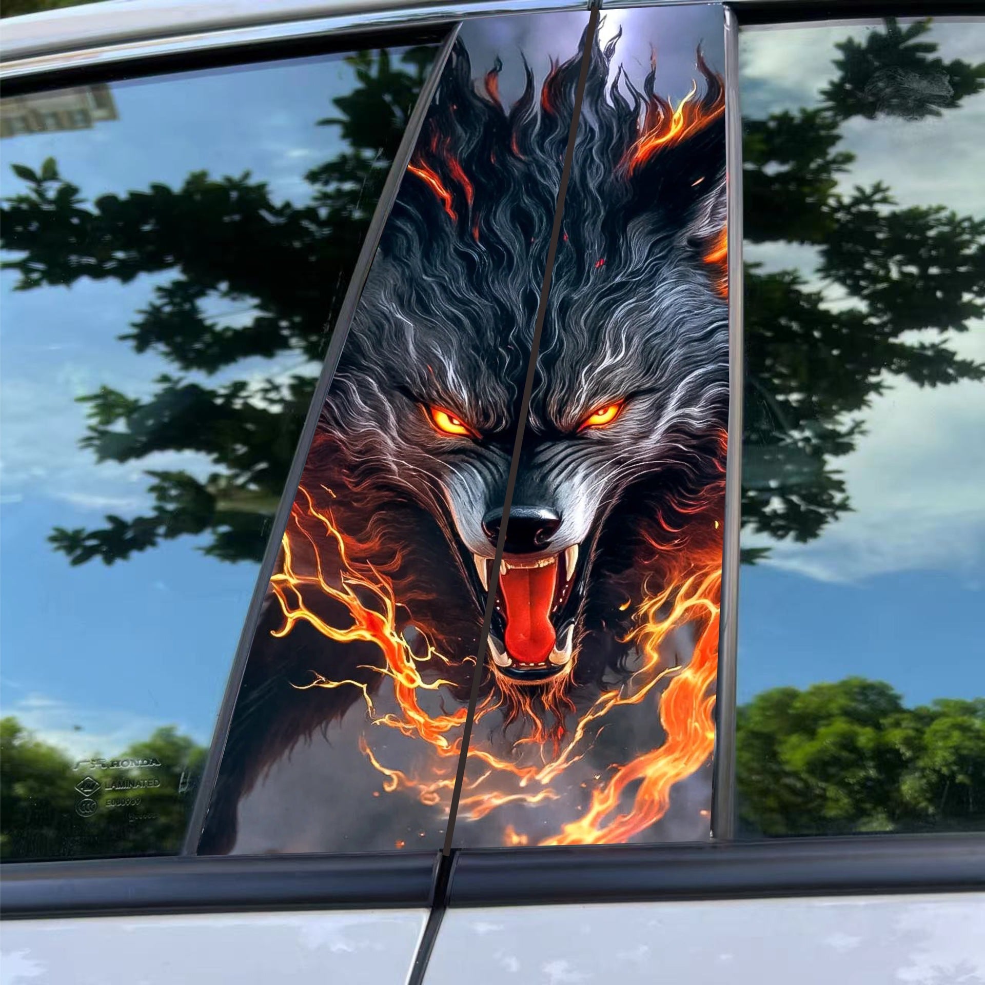 Car Center B Pillar Sticker Car Door Pillar Decals Black Wolf Engulfed - OMOTOR
