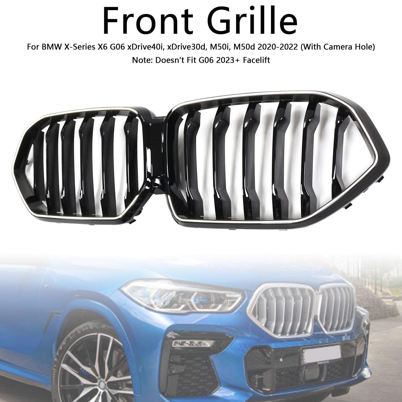 2020-2022 BMW X6 G06 M50i Black Front Bumper Grille with Camera Hole