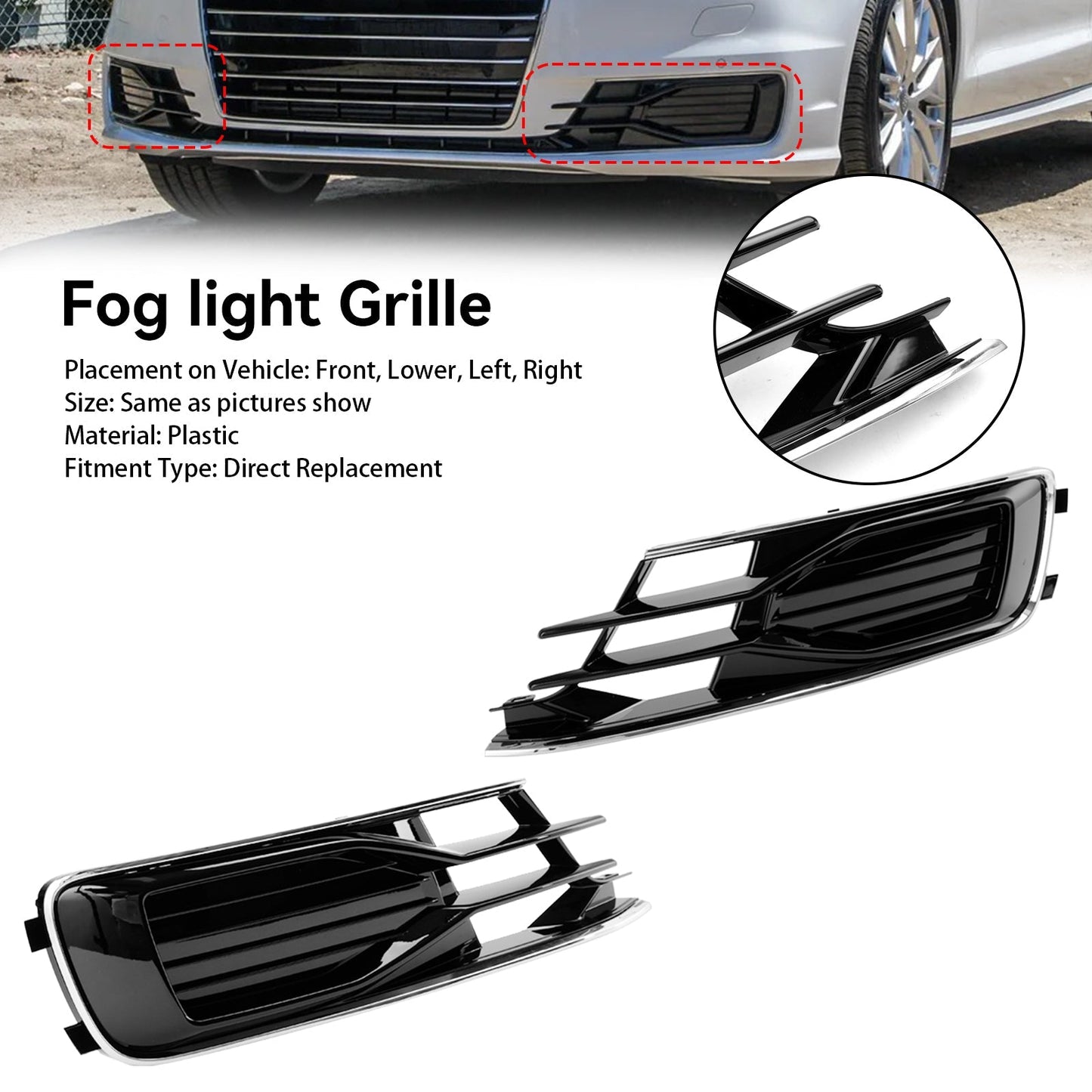2014-2018 Audi A6 C7 Black Chrome Front Bumper Fog Light Cover Grill — Pair (4G0807647T94 / 4G0807648T94)