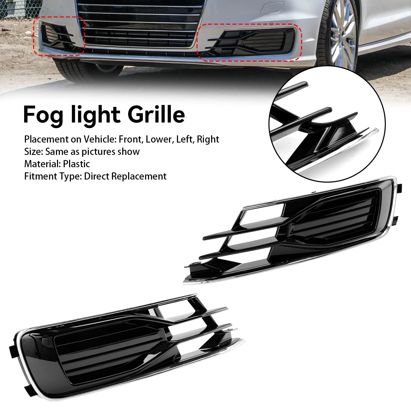 2014-2018 Audi A6 C7 Black Chrome Front Bumper Fog Light Cover Grill — Pair (4G0807647T94 / 4G0807648T94)