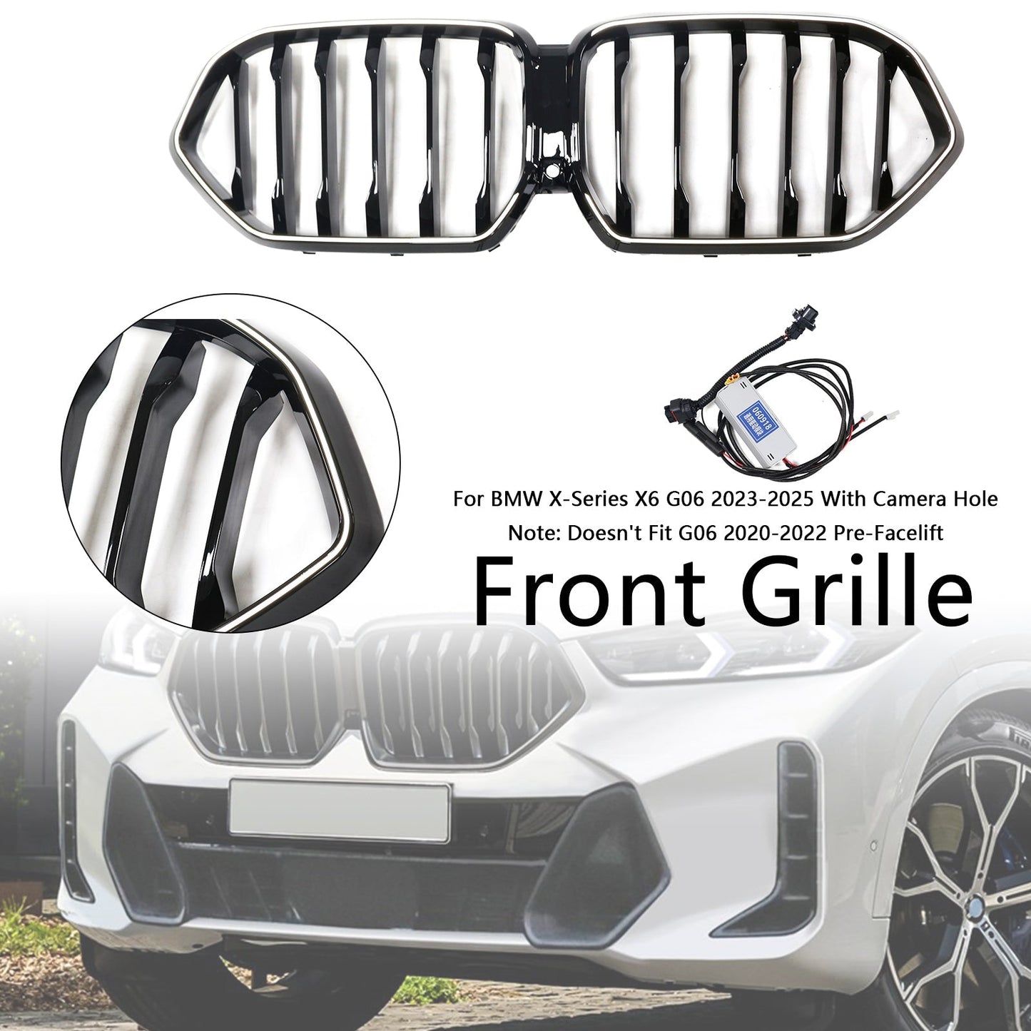 2023-2025 BMW X6 G06 M60i Black Front Bumper Grille with Camera Hole