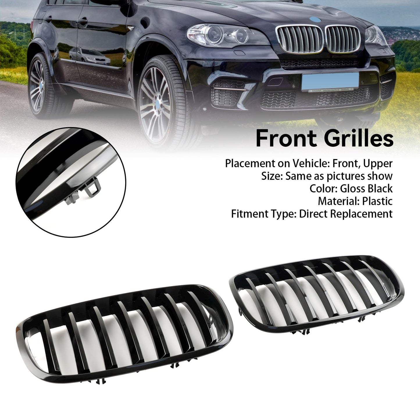 2009-2013 BMW X5 M E70 Gloss Black Front Bumper Kidney Grille — Pair (51137157687 / 51137305589)