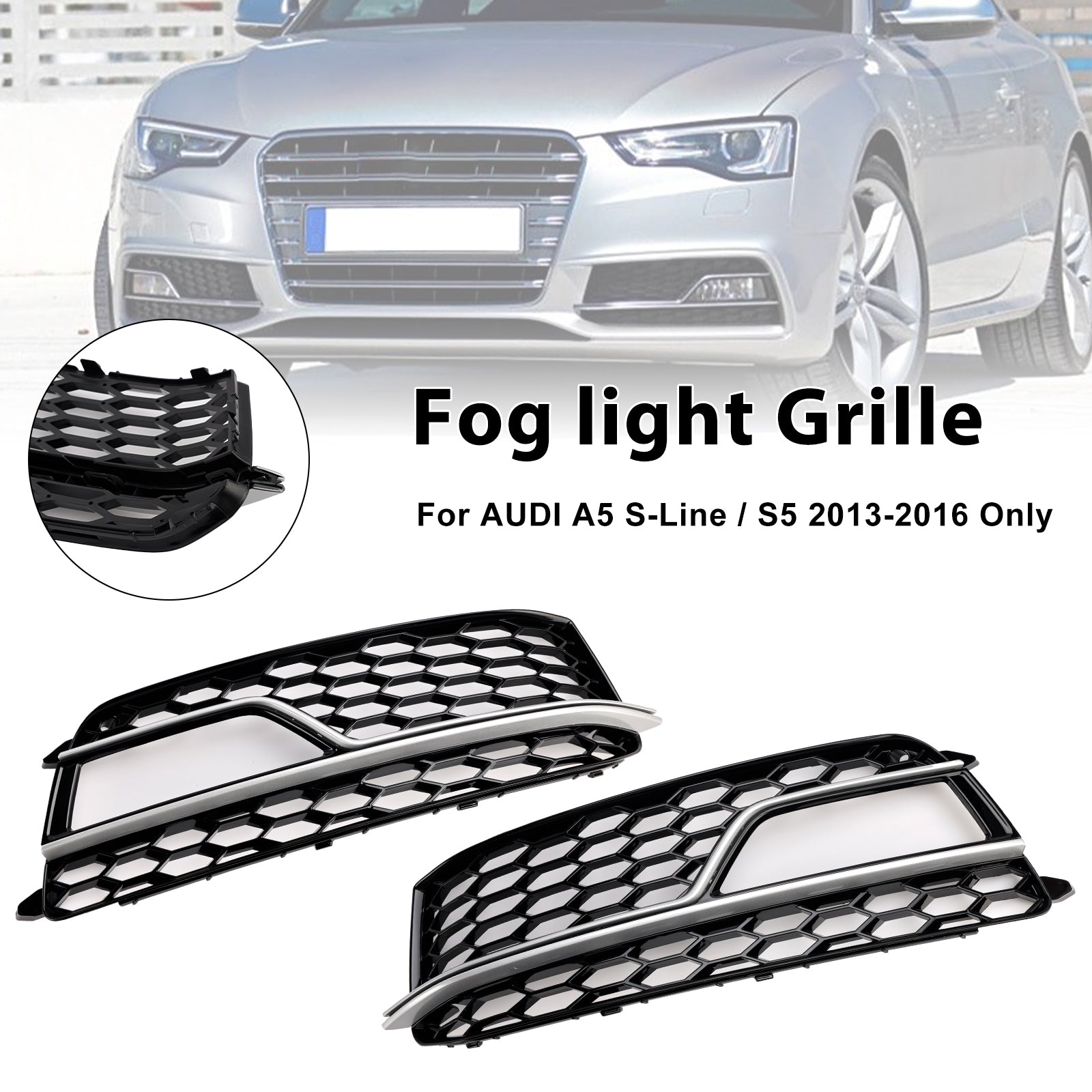 2013-2016 Audi A5 S-Line S5 Black Front Fog Lamp Grill Grille — Pair (8T0807681K / 8T0807682K)